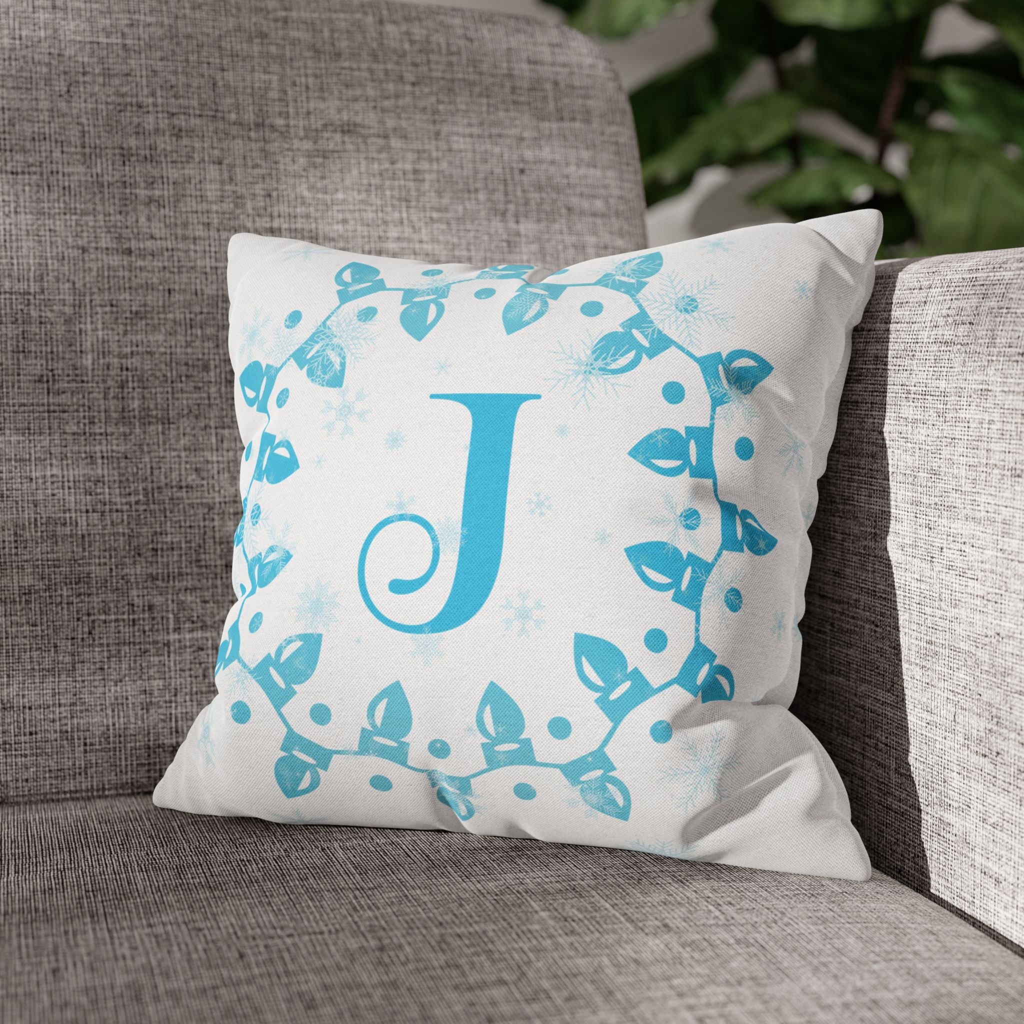 Monogram Christmas Lights, Personalized Monogram, Blue Lights, Throw Pillow Case