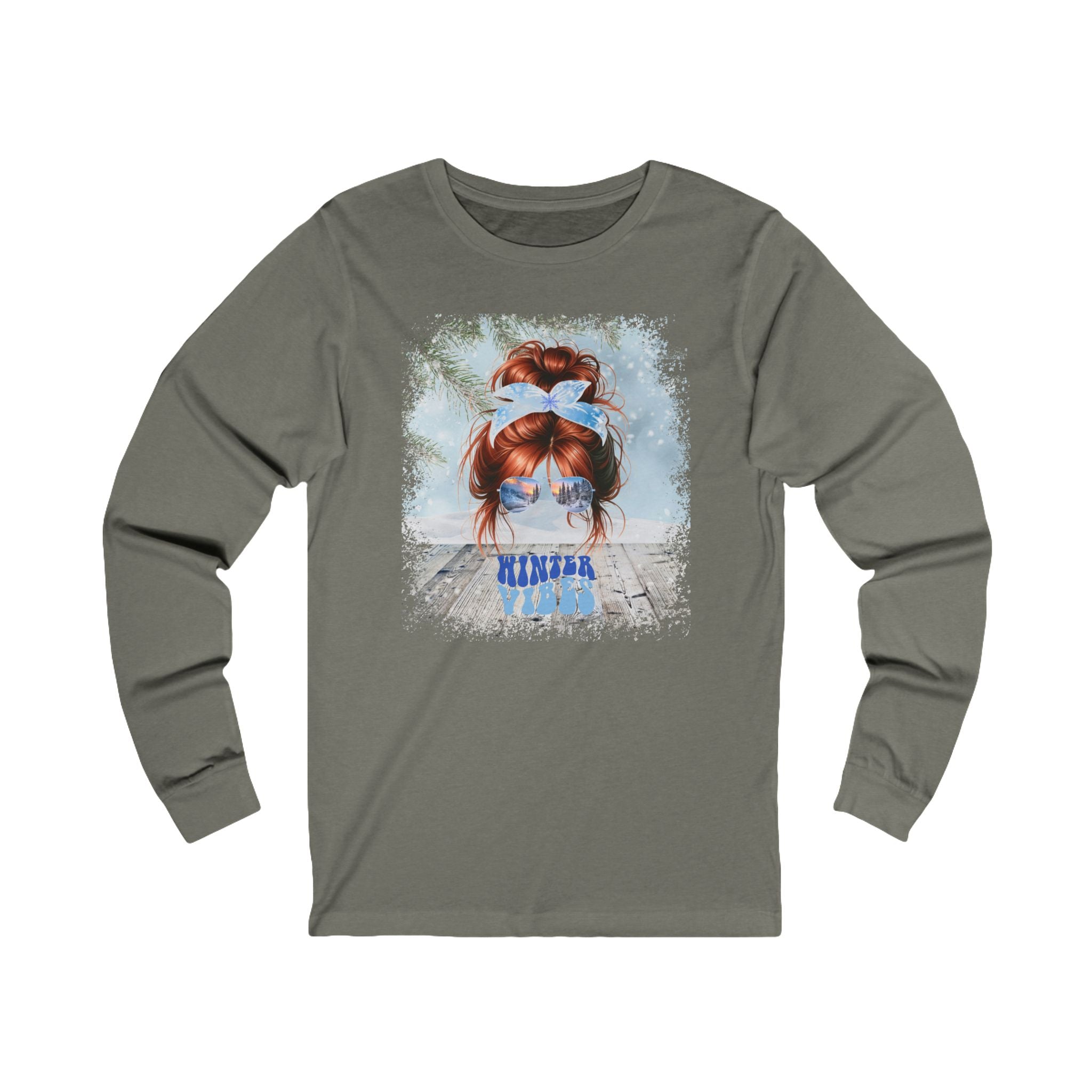 Winter Vibes Winter Snowy Porch, Red Hair Messy Bun, Unisex Jersey Long Sleeve Tee