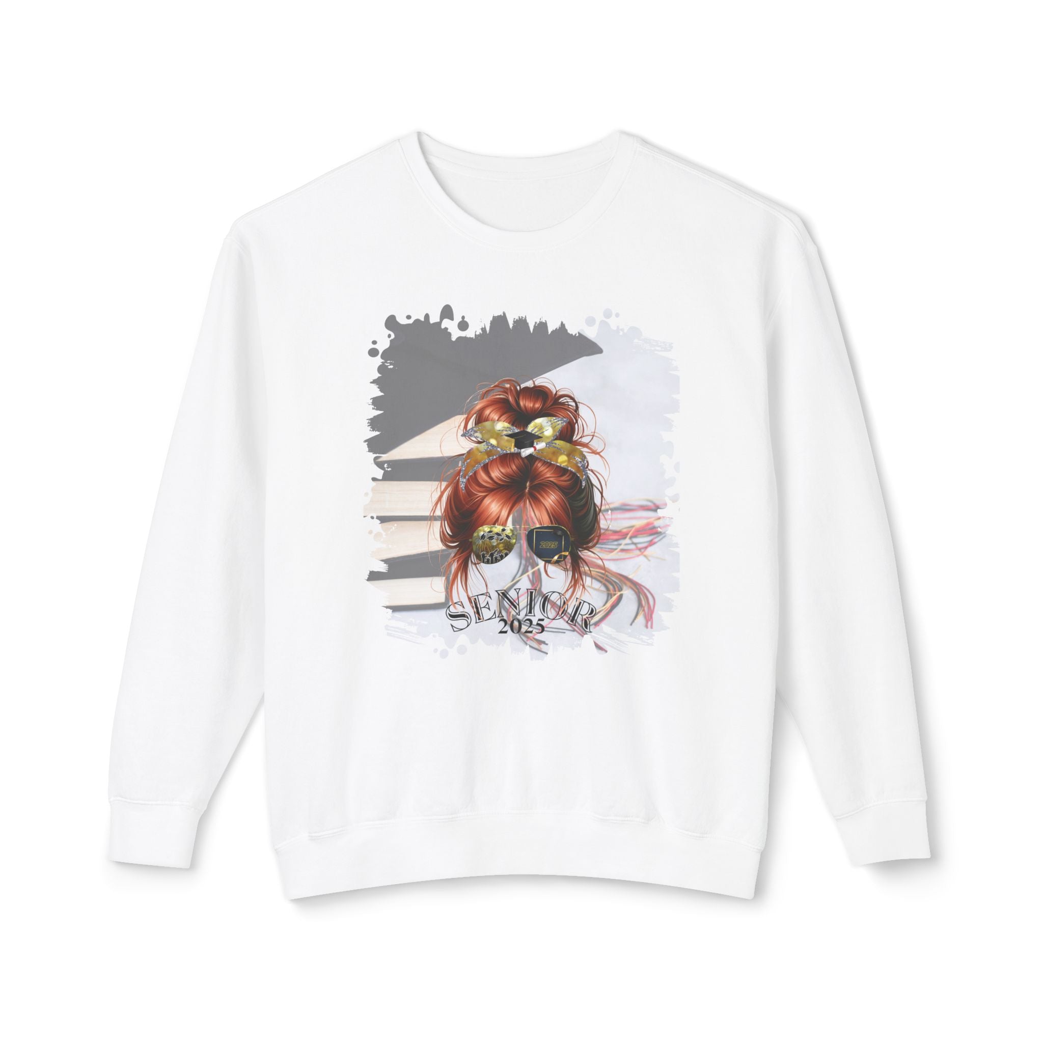 Senior 2025, Cap & Books, Red Hair Messy Bun, Unisex Lightweight Crewneck Sweatshirt