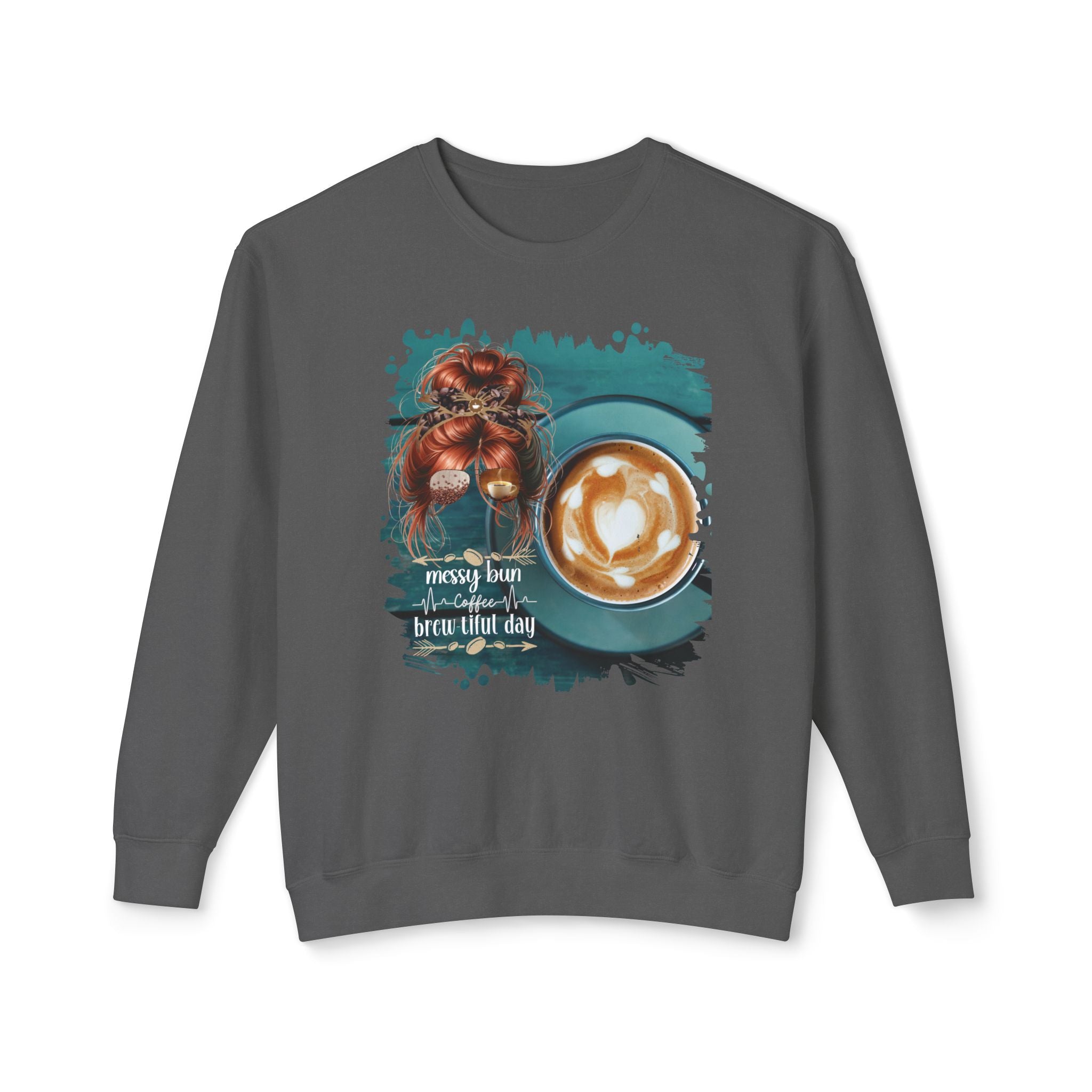 Coffee Heartbeat, Coffee Cup, Red Hair Messy Bun, Unisex Lightweight Crewneck Sweatshirt