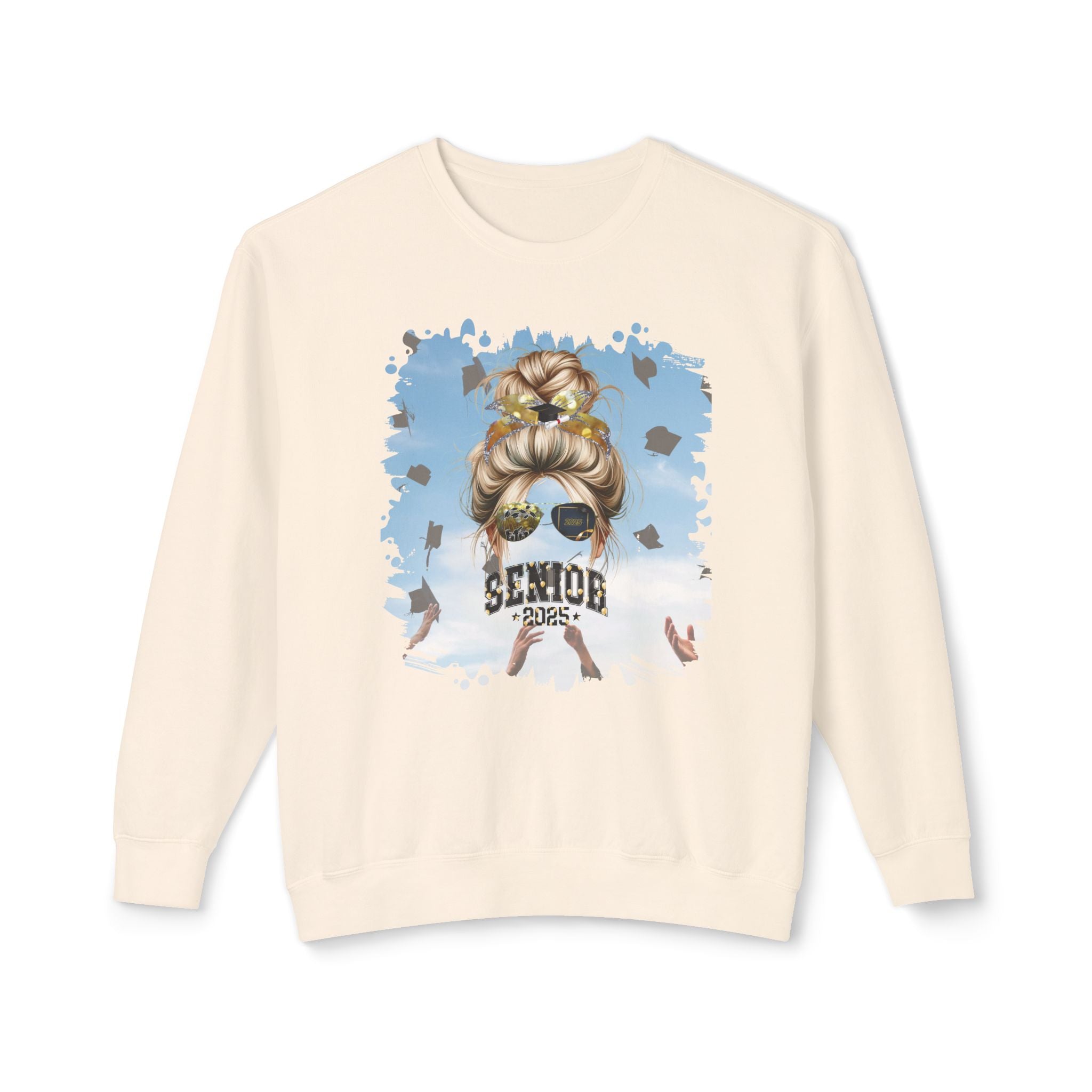 Senior 2025 Balloons, Celebration, Blond Hair Messy Bun, Unisex Lightweight Crewneck Sweatshirt