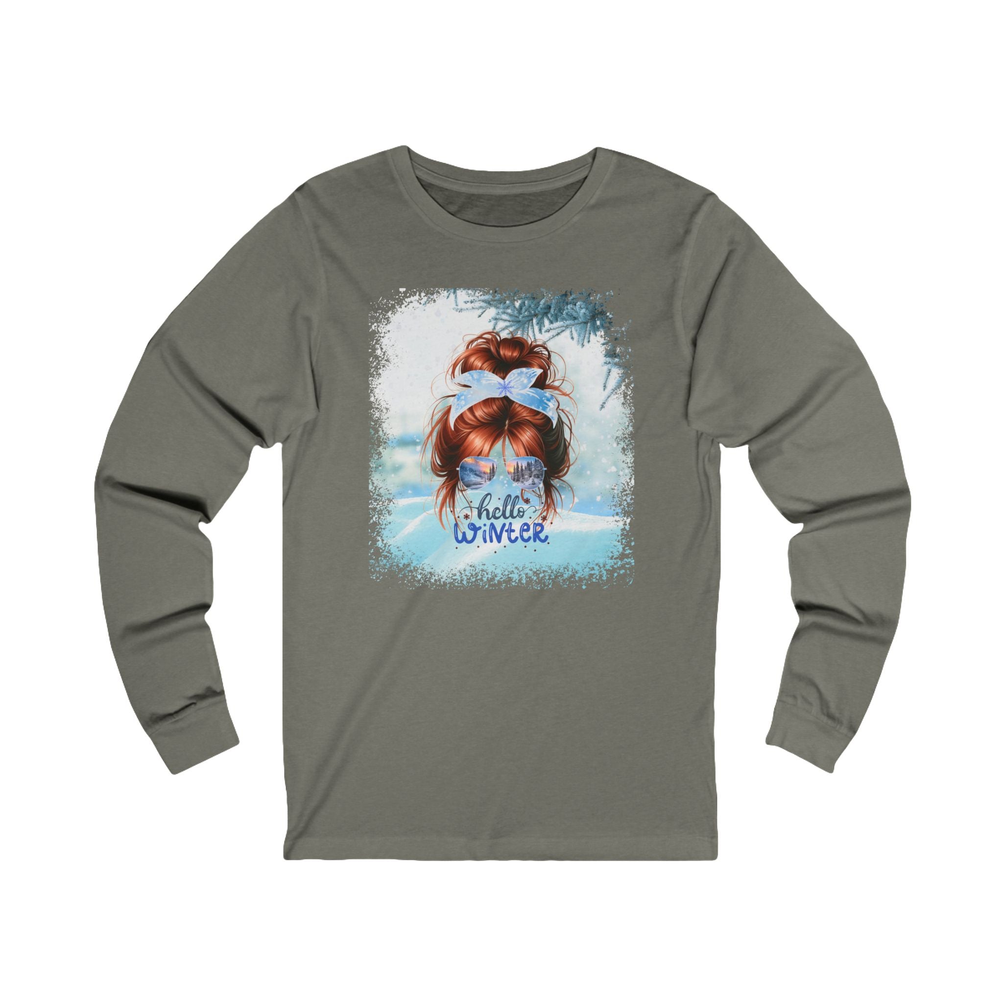 Hello Winter Snow, Red Hair Messy Bun, Unisex Jersey Long Sleeve Tee