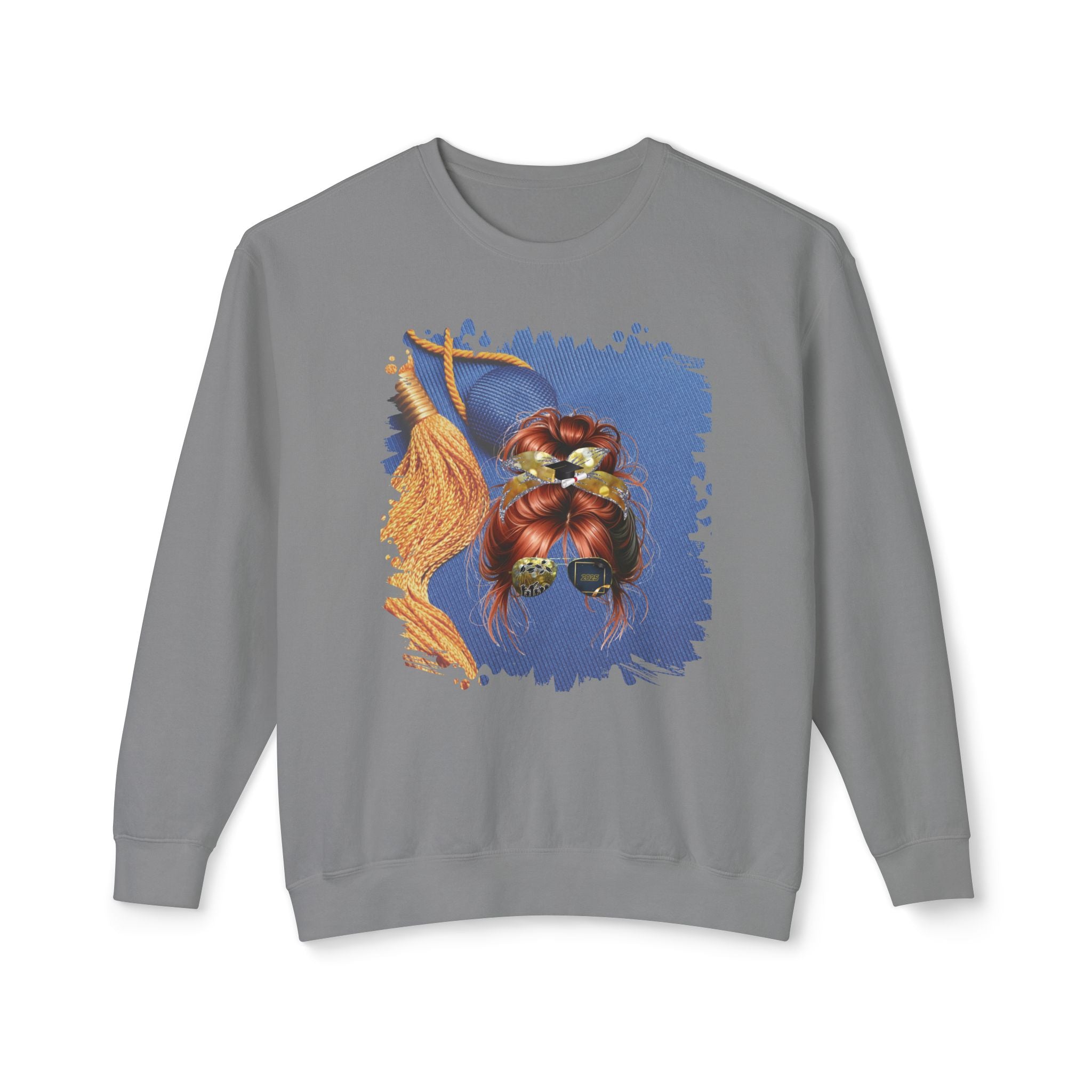 Graduation Cap, Red Hair Messy Bun, Unisex Lightweight Crewneck Sweatshirt
