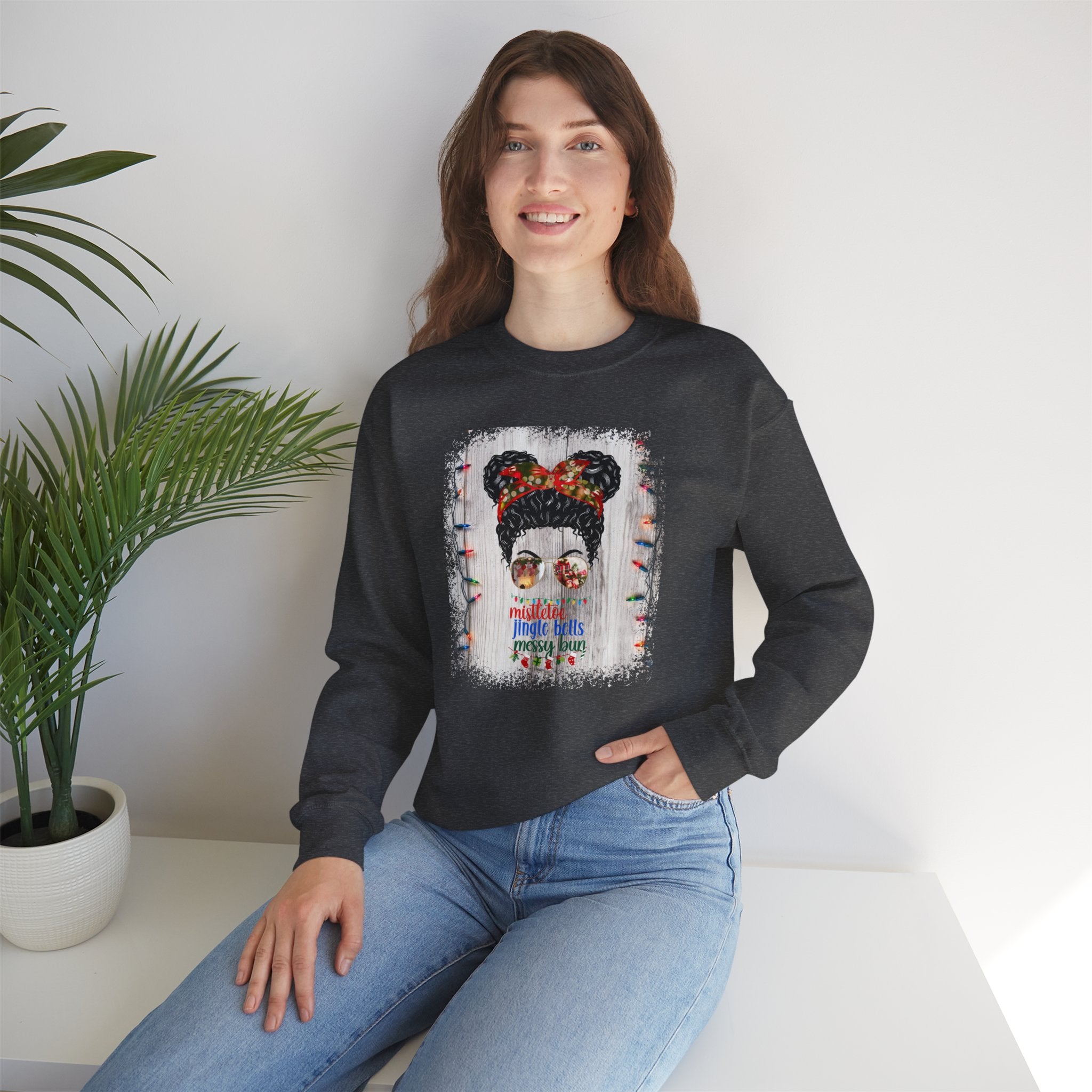 Messy Bun Christmas String Lights, Black Hair Messy Bun, Unisex Heavy Blend™ Crewneck Sweatshirt