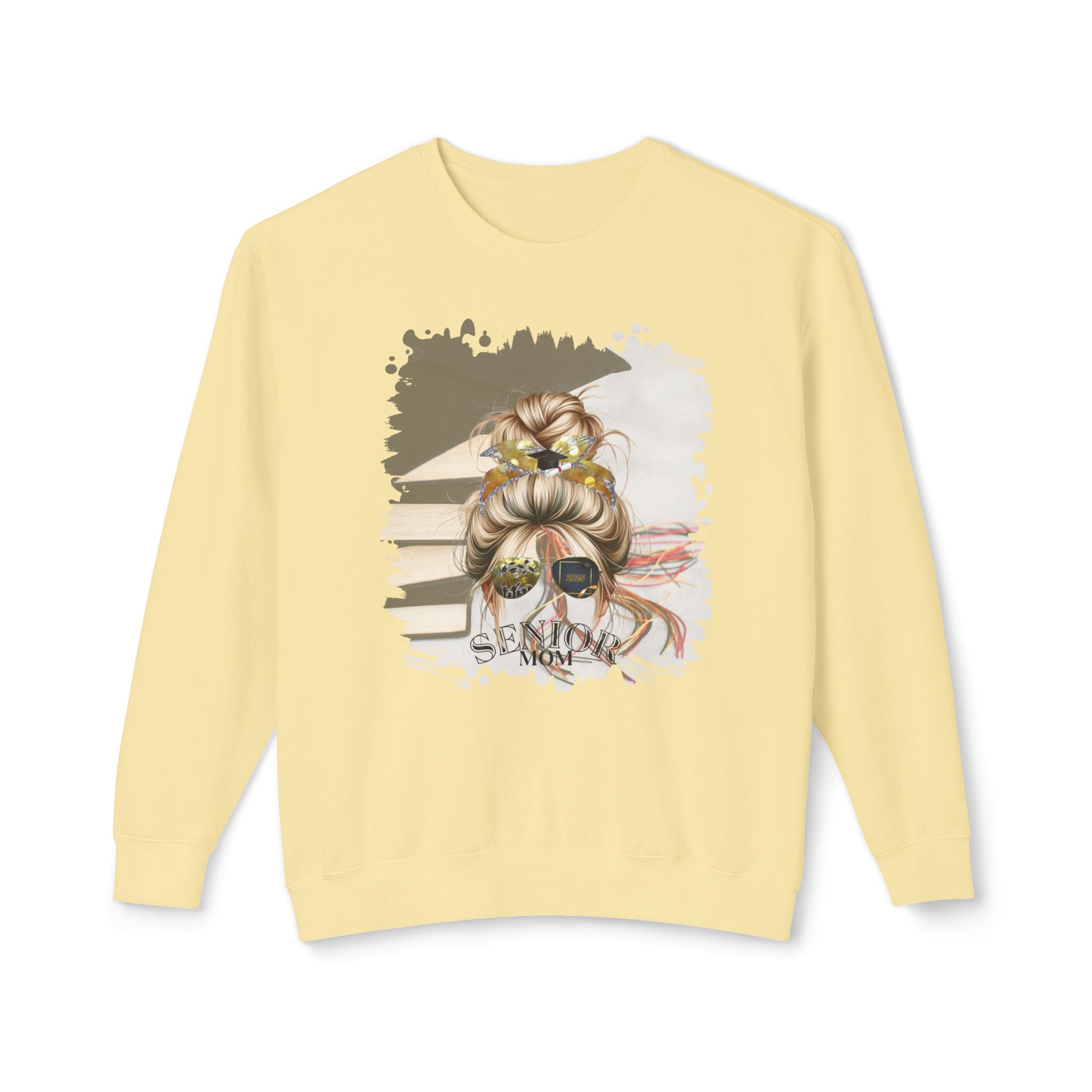 Senior Mom, Cap & Books, Blond Hair Messy Bun, Unisex Lightweight Crewneck Sweatshirt