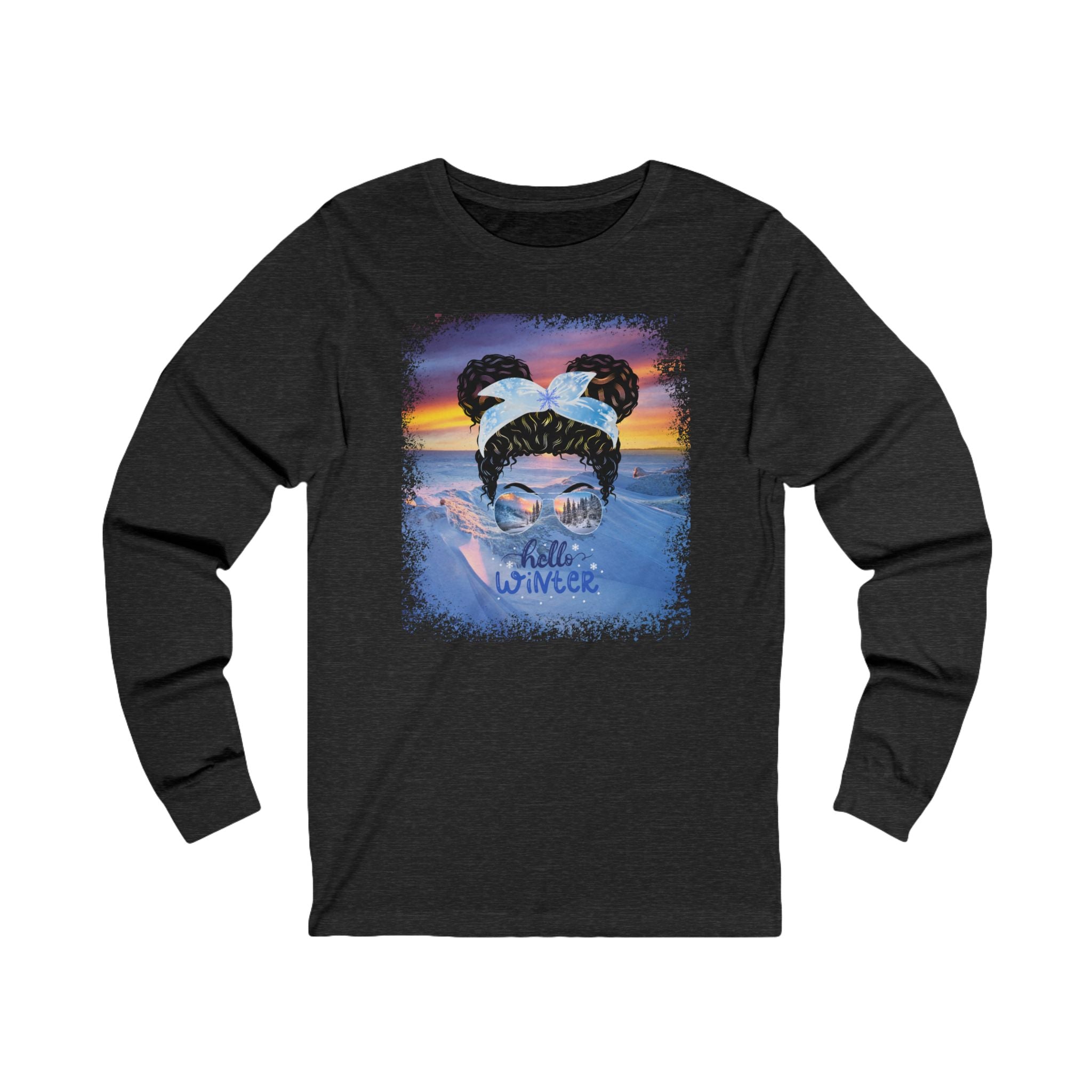 Hello Winter, Winter Mountain, Black Hair Messy Bun, Unisex Jersey Long Sleeve Tee