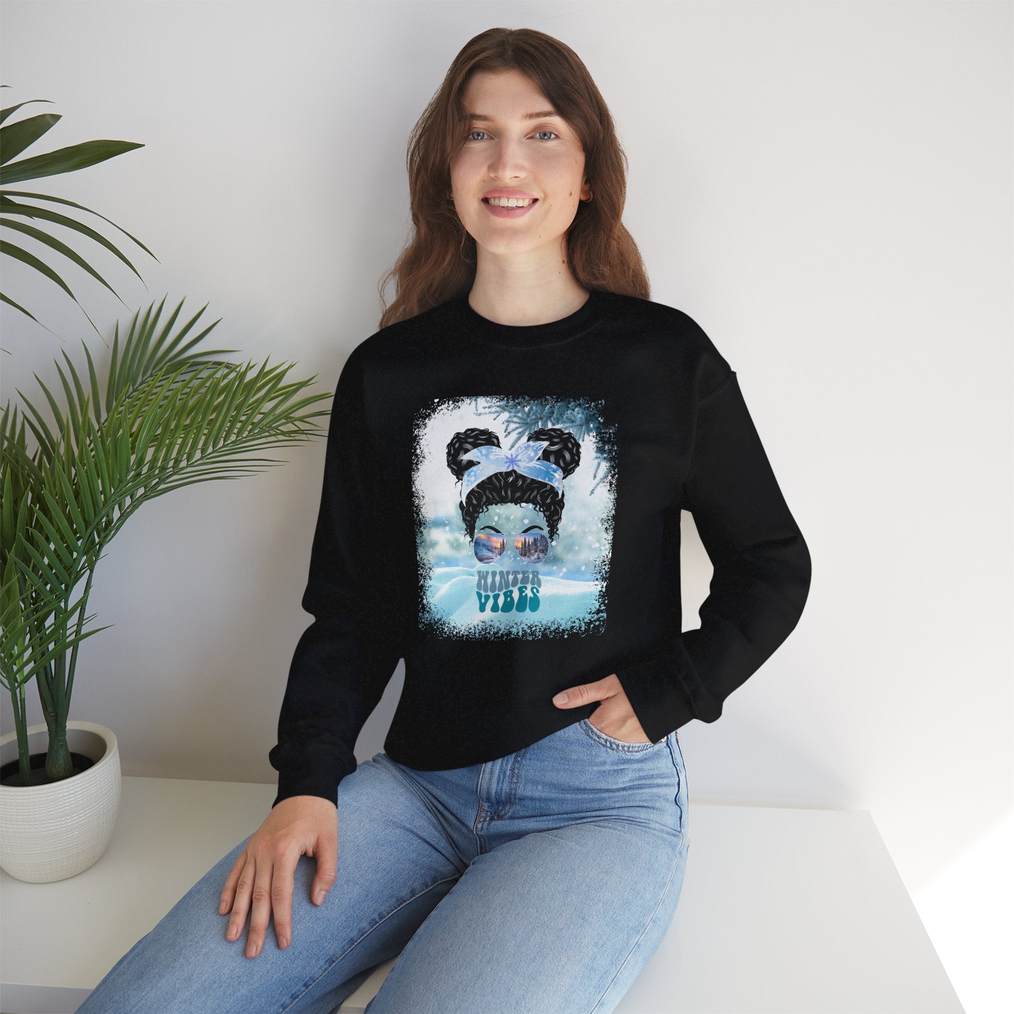 Winter Vibes Snow, Black Hair Messy Bun, Unisex Heavy Blend™ Crewneck Sweatshirt