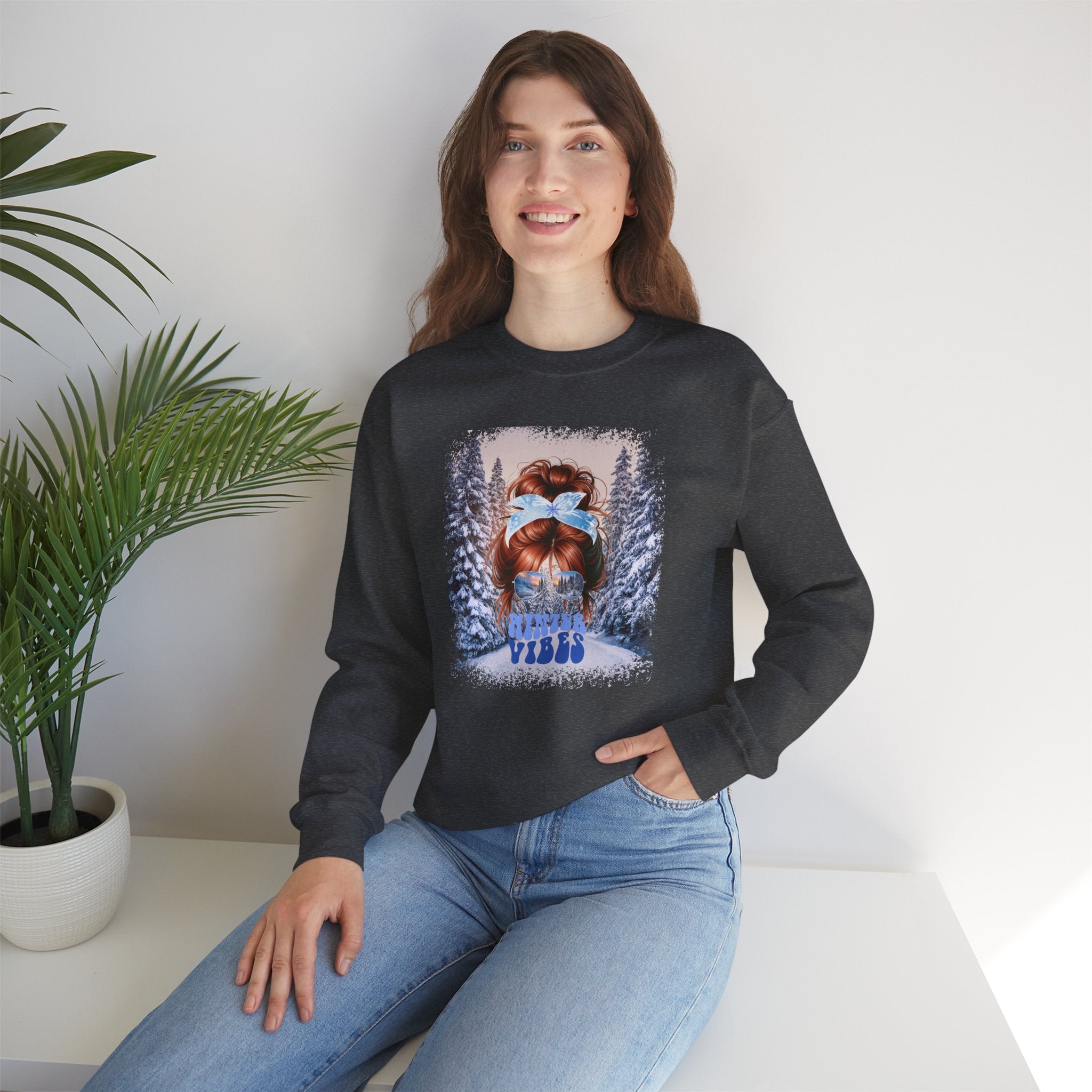 Winter Vibes Winter Trail, Red Hair Messy Bun, Unisex Heavy Blend™ Crewneck Sweatshirt