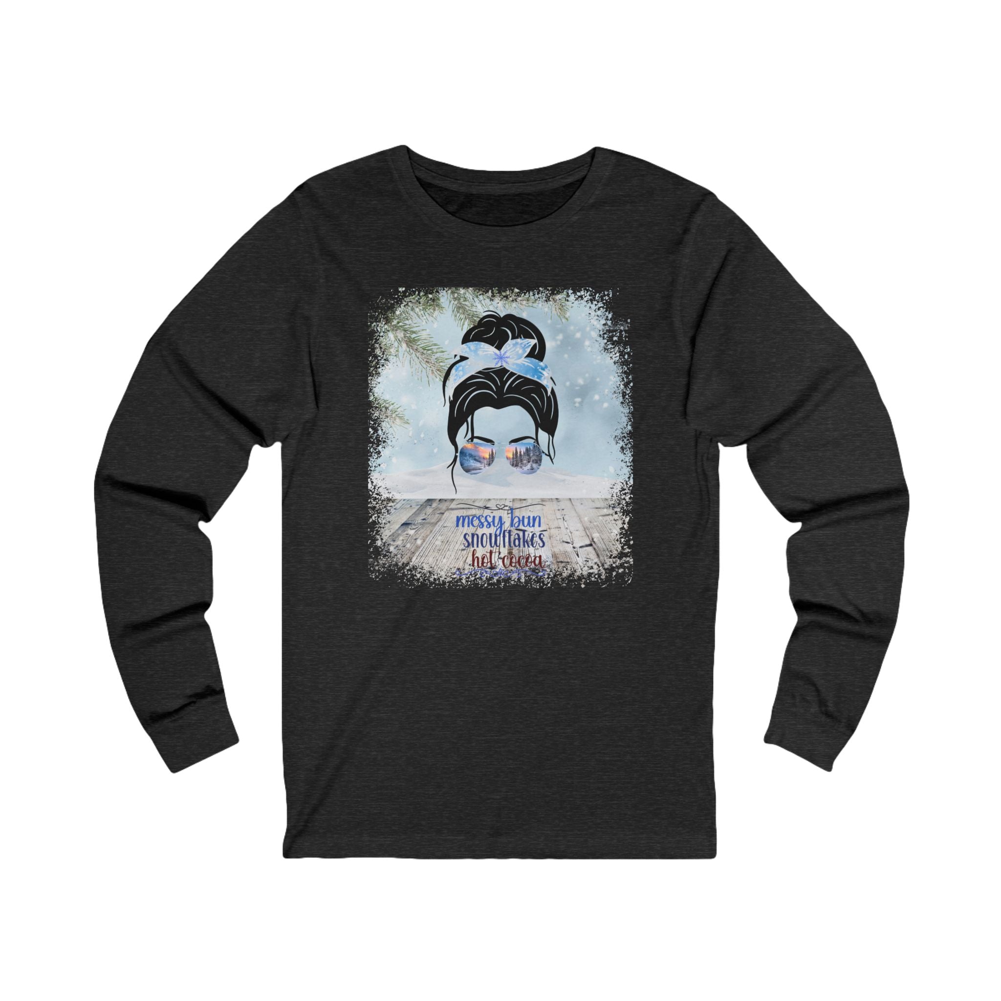 Messy Bun Winter Snowy Porch, Dark Hair Messy Bun, Unisex Jersey Long Sleeve Tee