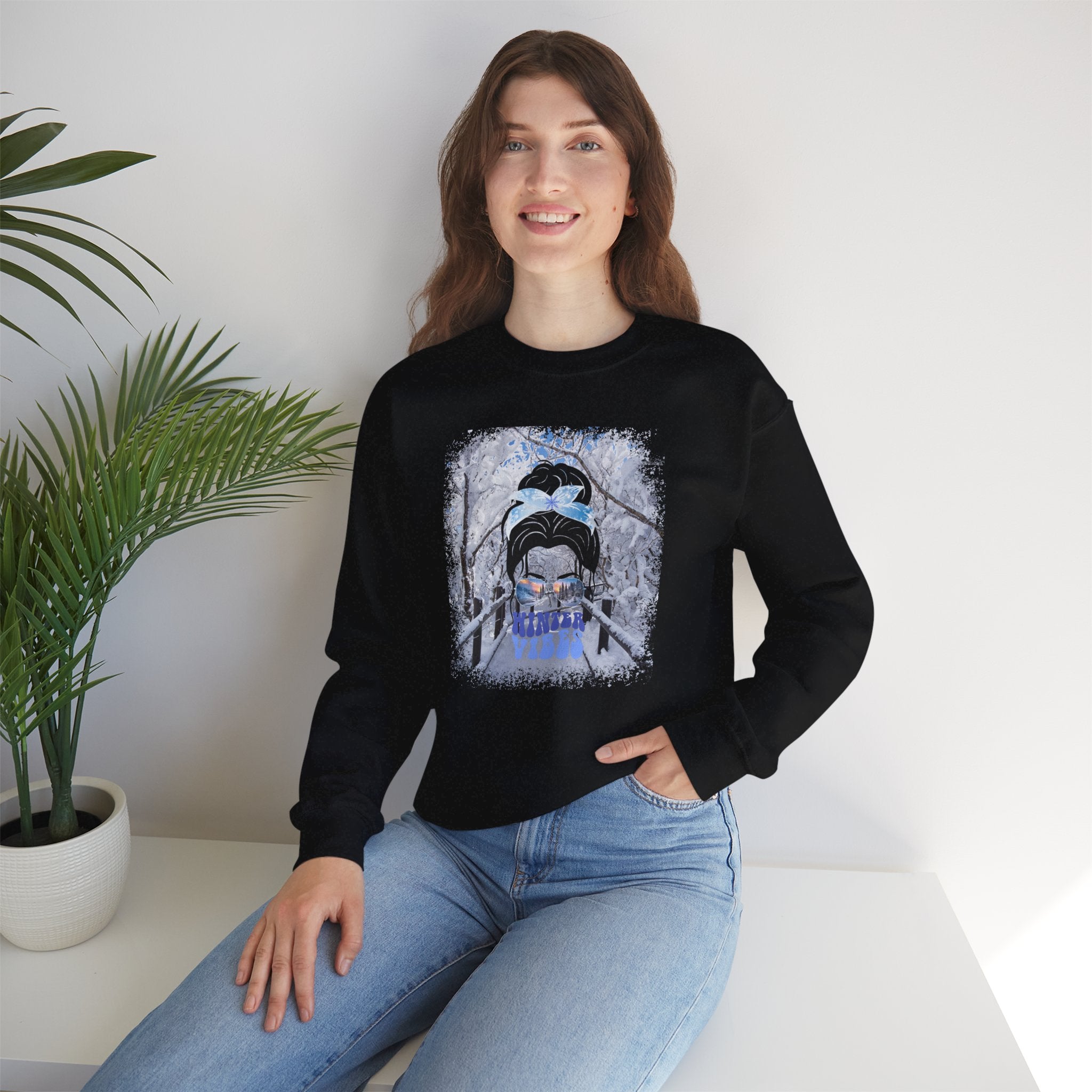 Winter Vibes Winter Hike, Dark Hair Messy Bun, Unisex Heavy Blend™ Crewneck Sweatshirt