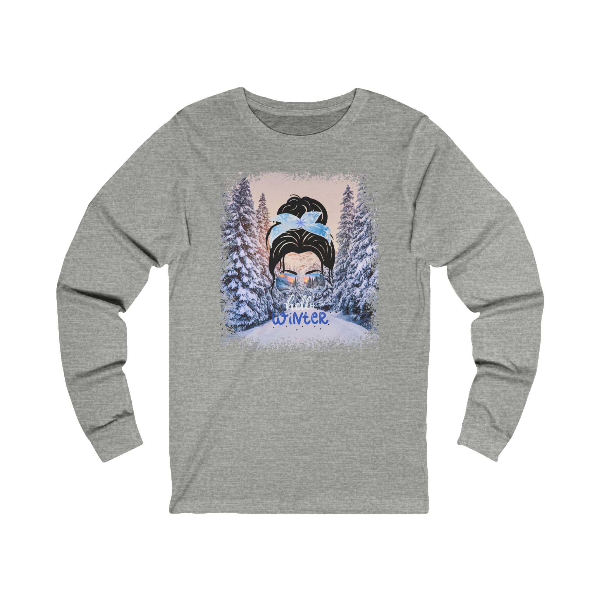 Hello Winter, Winter Trail, Dark Hair Messy Bun, Unisex Jersey Long Sleeve Tee