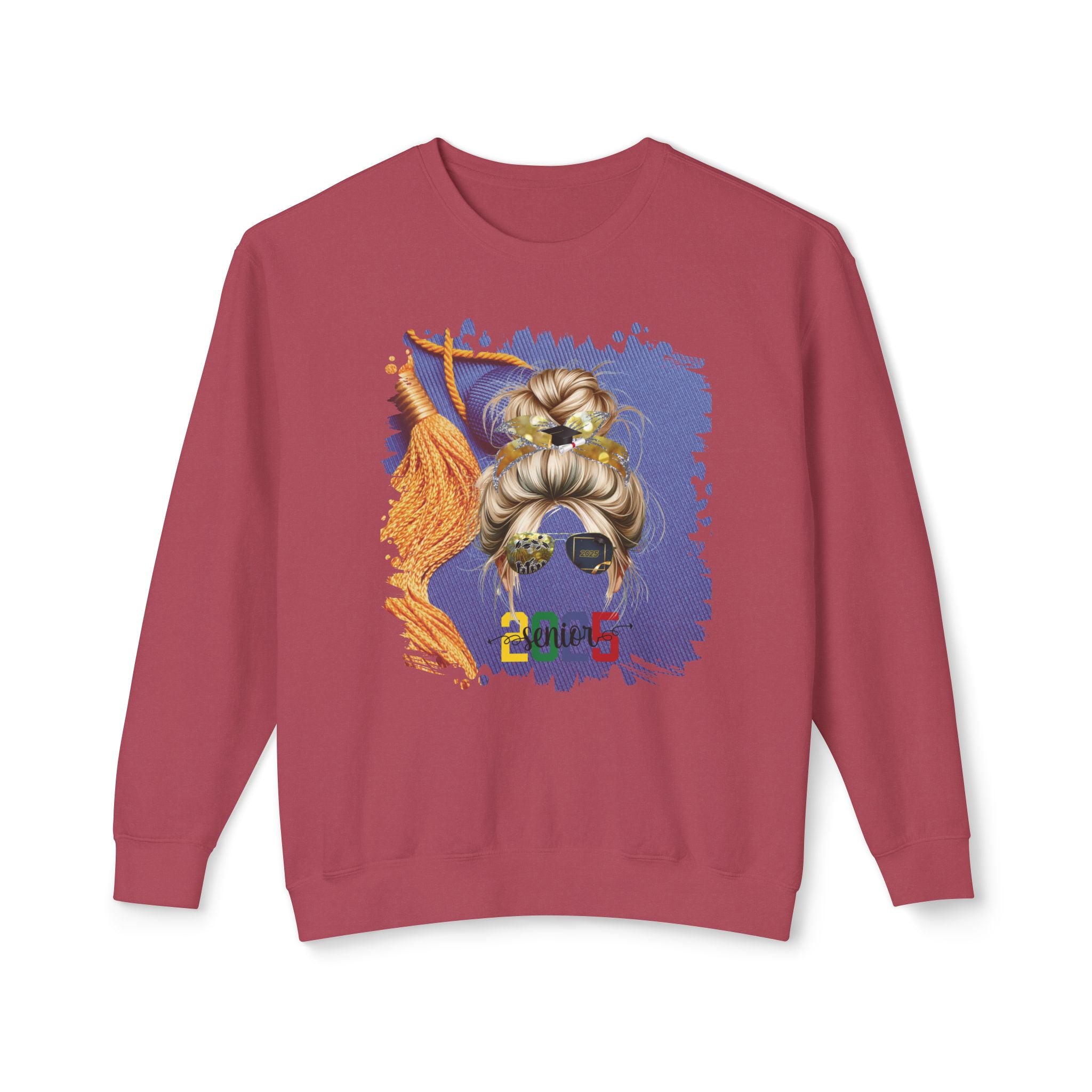 Senior 2025 Colorful, Graduation Cap, Blond Hair Messy Bun, Unisex Lightweight Crewneck Sweatshirt