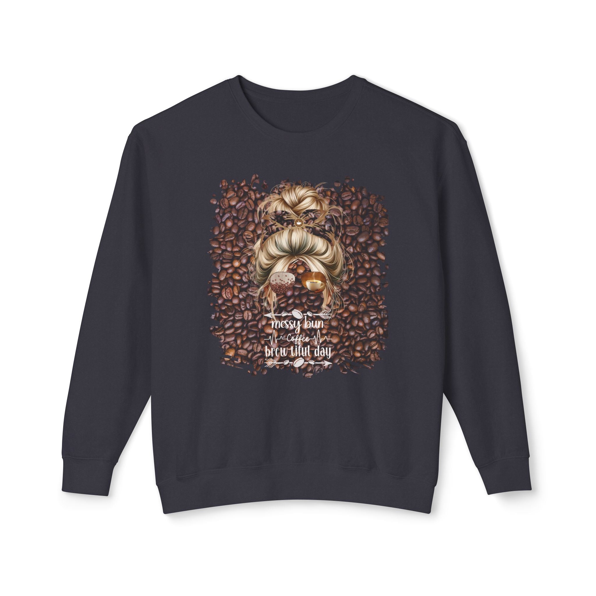 Coffee Heartbeat, Coffee Beans, Blond Hair Messy Bun, Unisex Lightweight Crewneck Sweatshirt