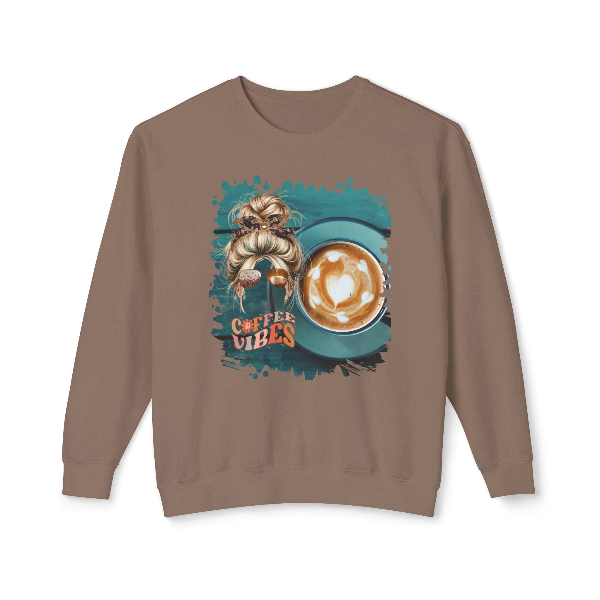 Coffee Vibes, Coffee Cup, Blond Hair Messy Bun, Unisex Lightweight Crewneck Sweatshirt