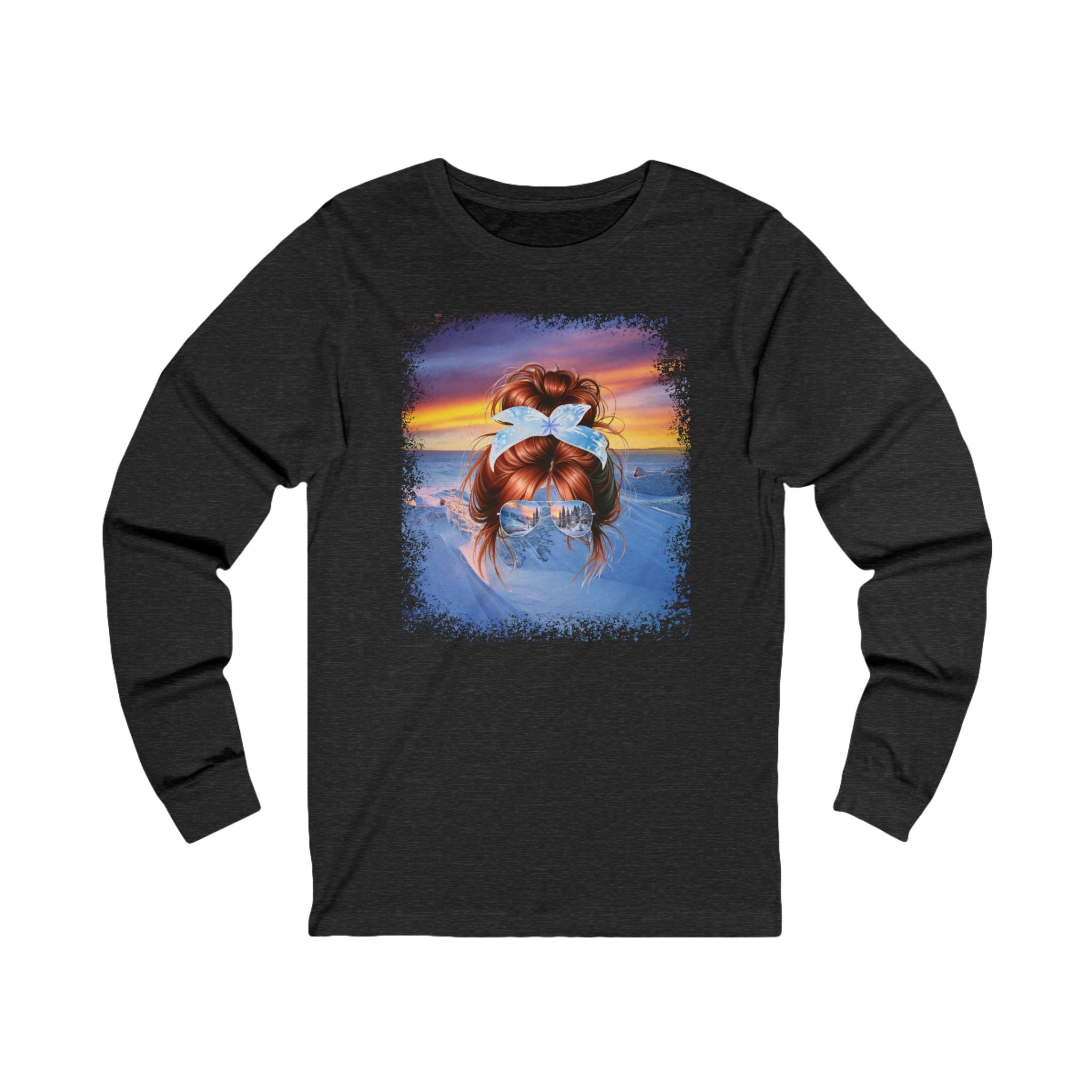 Winter Mountain, Red Hair Messy Bun, Unisex Jersey Long Sleeve Tee