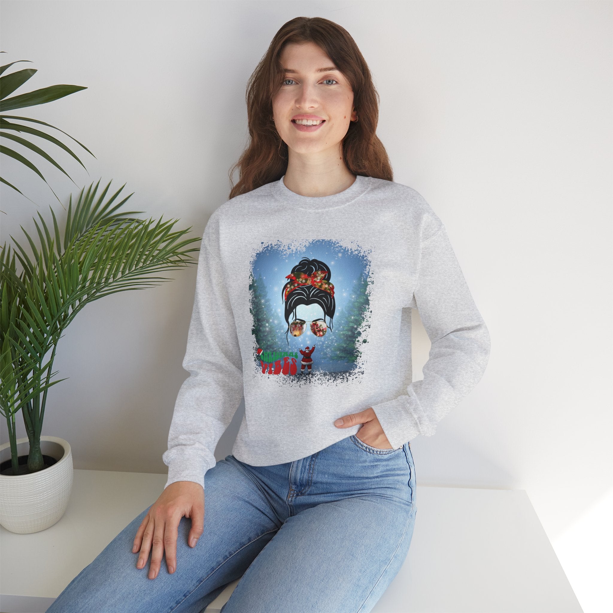 Christmas Vibes Santa, Dark Hair Messy Bun, Unisex Heavy Blend™ Crewneck Sweatshirt