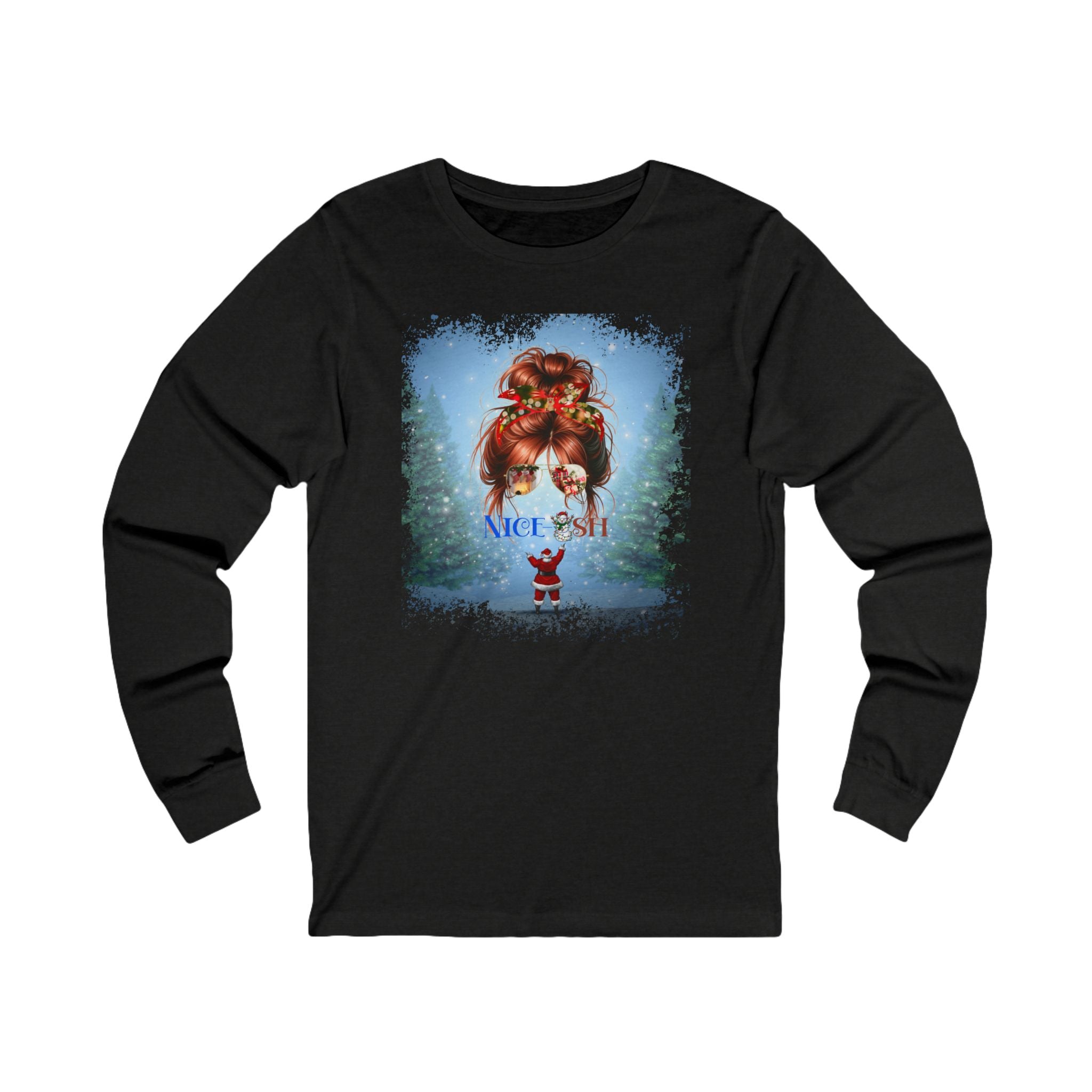 Nice-ish Santa, Red Hair Messy Bun, Unisex Jersey Long Sleeve Tee