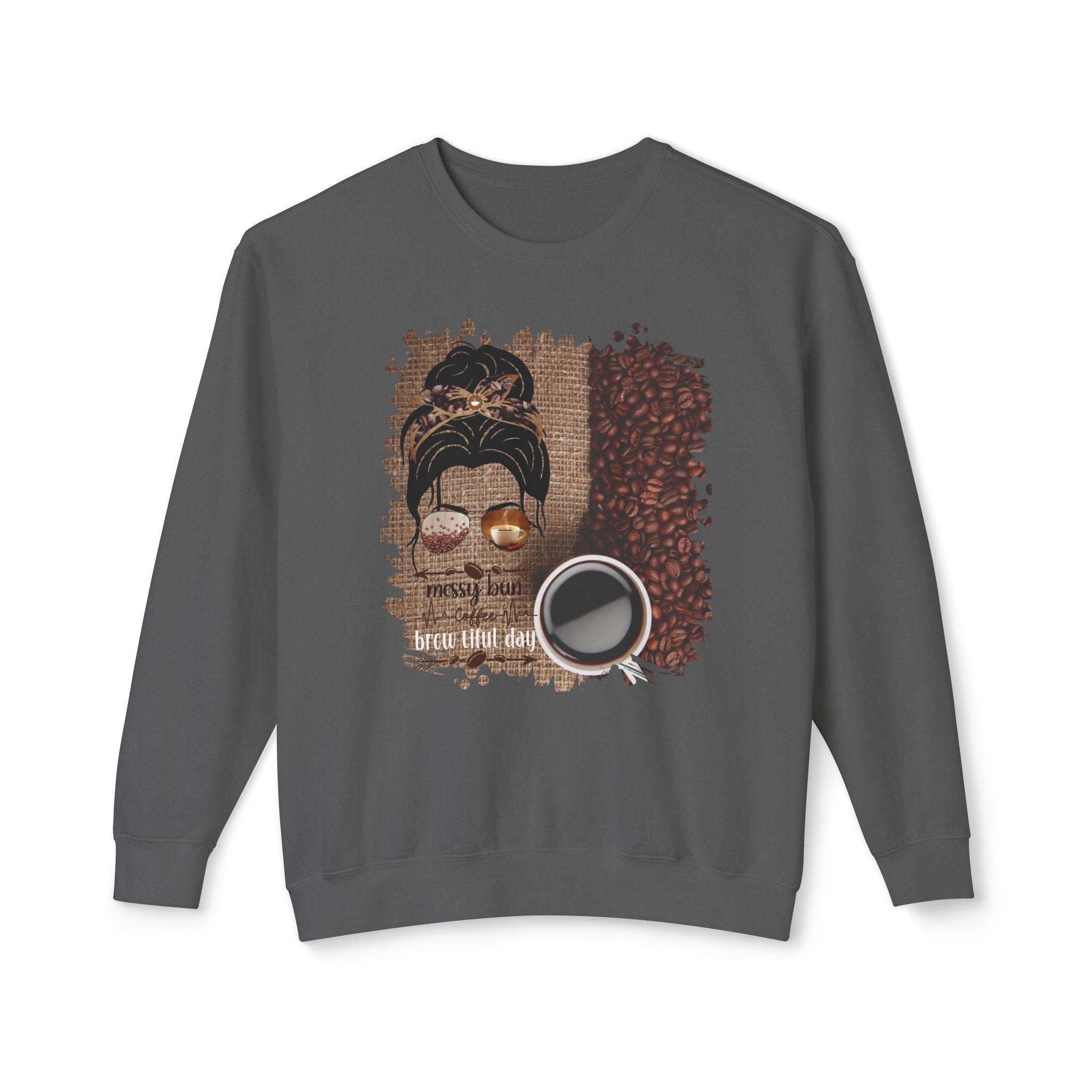 Coffee Heartbeat, Coffee Beans Bag, Dark Hair Messy Bun, Unisex Lightweight Crewneck Sweatshirt