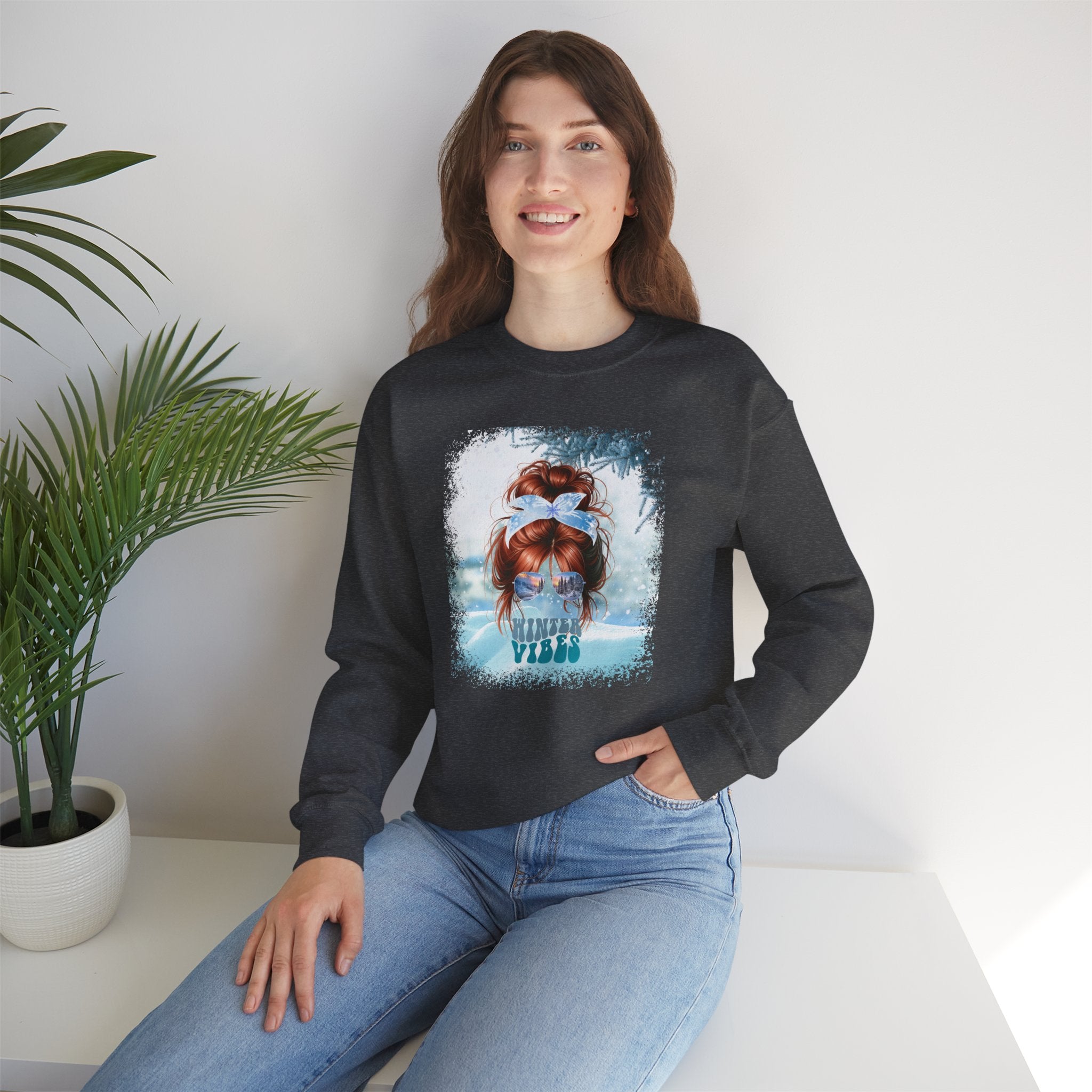 Winter Vibes Snow, Red Hair Messy Bun, Unisex Heavy Blend™ Crewneck Sweatshirt