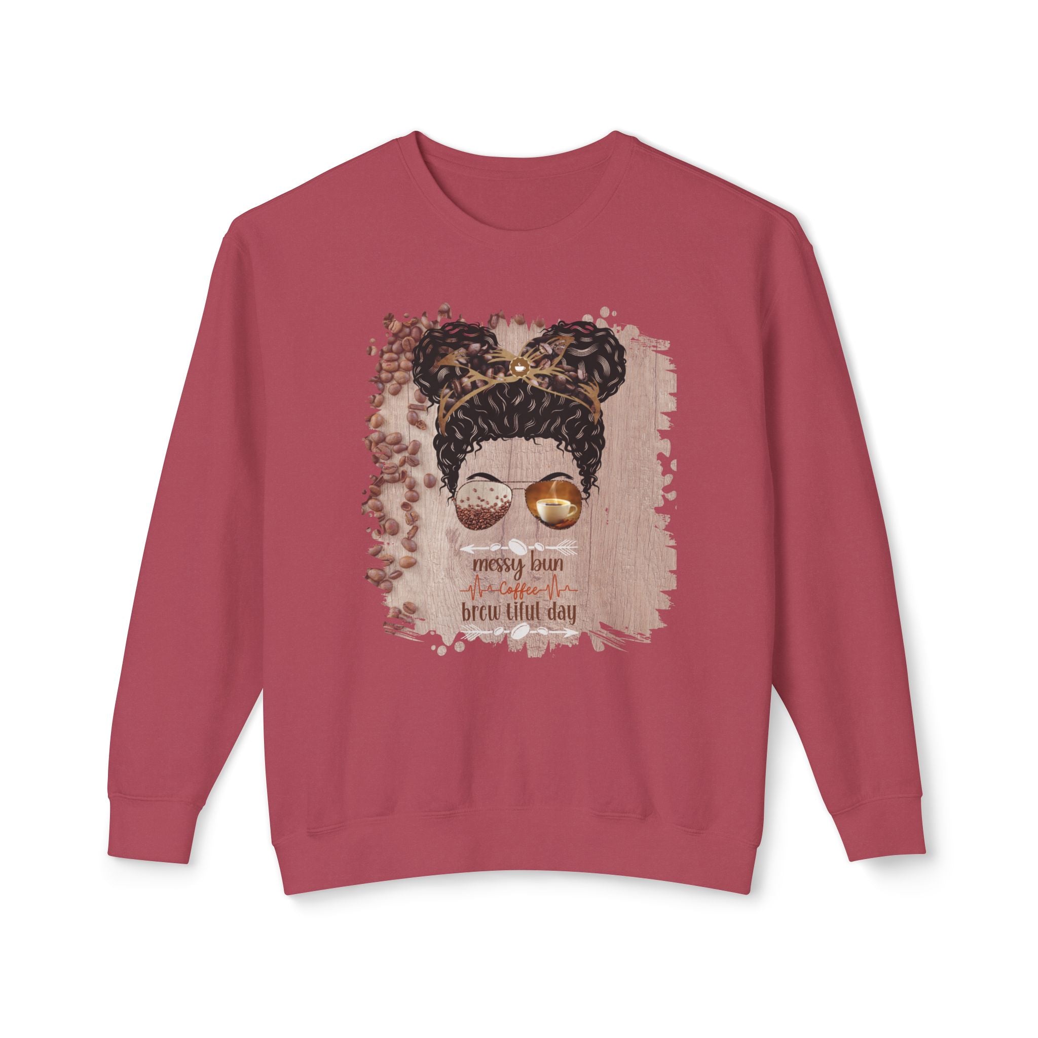 Coffee Heartbeat, Coffee Beans Table, Black Hair Messy Bun, Unisex Lightweight Crewneck Sweatshirt