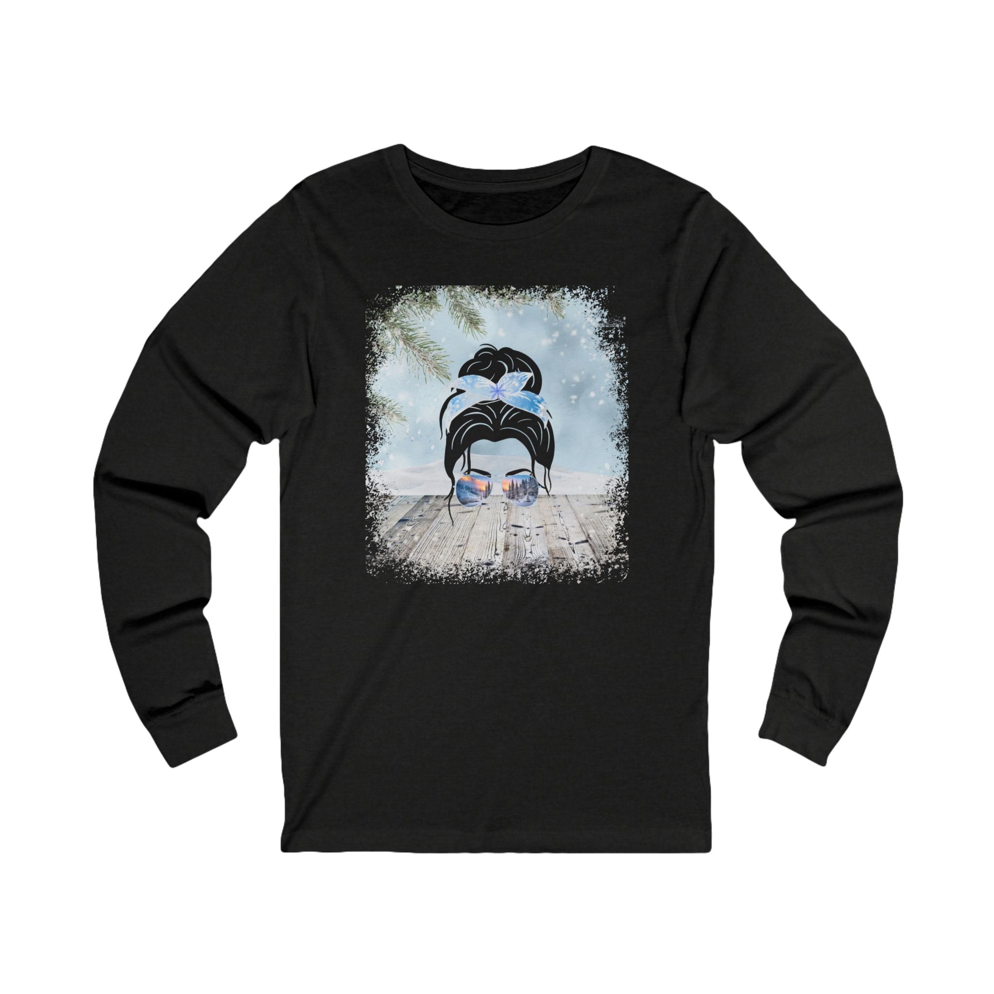 Winter Snowy Porch, Dark Hair Messy Bun, Unisex Jersey Long Sleeve Tee