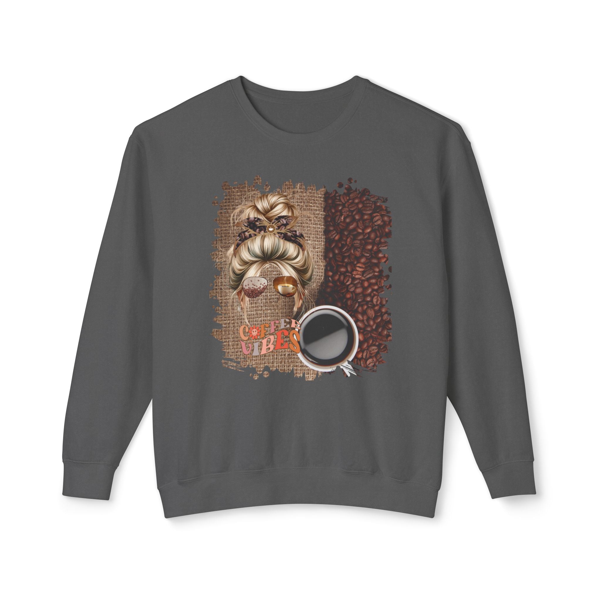Coffee Vibes, Coffee Beans Bag, Blond Hair Messy Bun, Unisex Lightweight Crewneck Sweatshirt