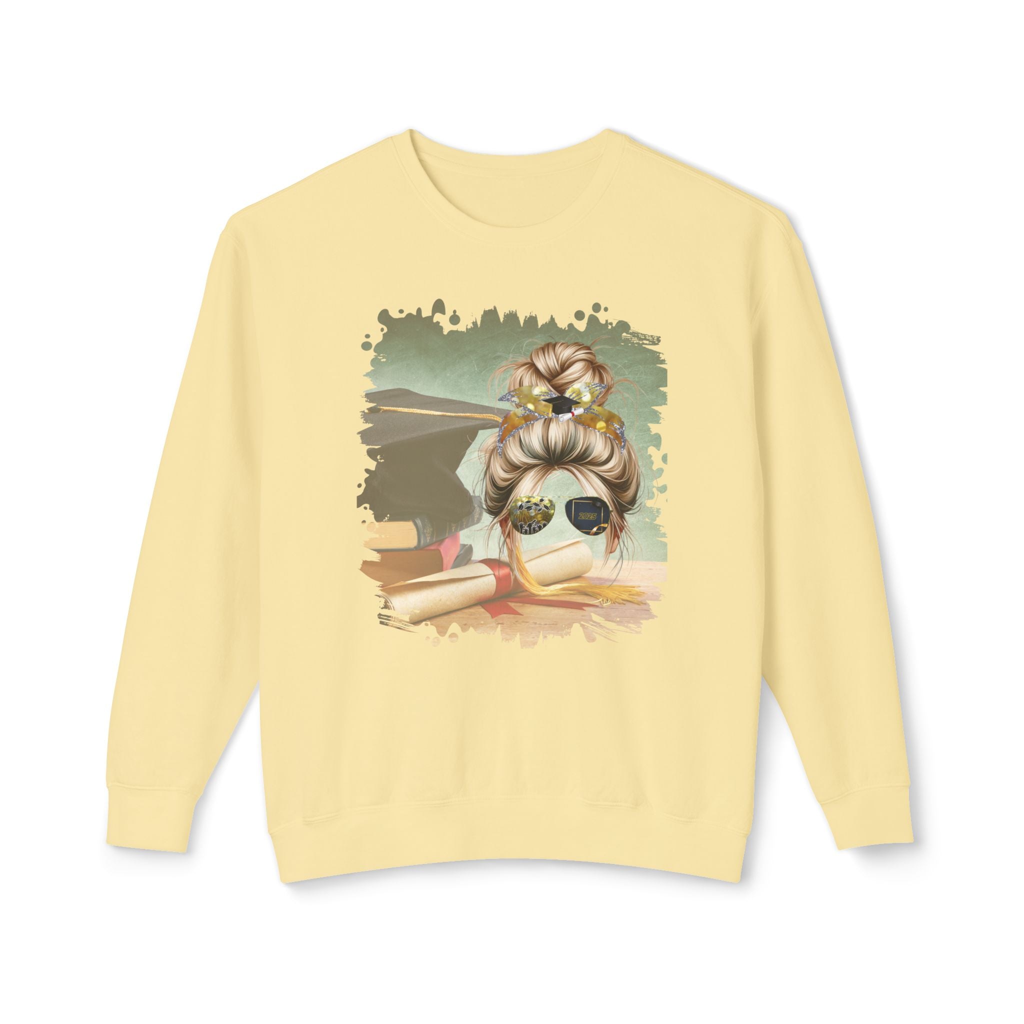 Cap & Degree/Diploma, Blond Hair Messy Bun, Unisex Lightweight Crewneck Sweatshirt