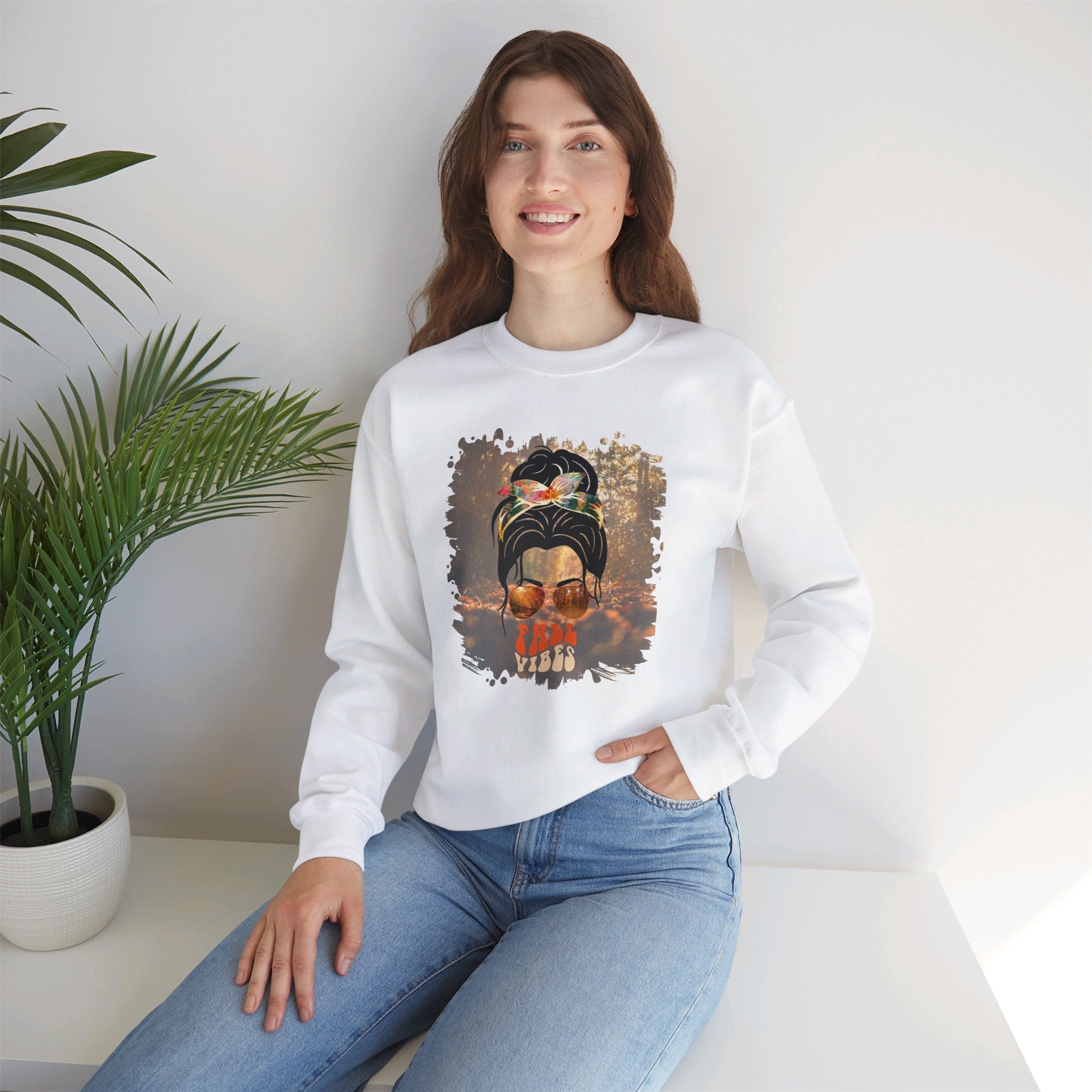 Fall Vibes Fall Forest, Dark Hair Messy Bun, Unisex Heavy Blend™ Crewneck Sweatshirt