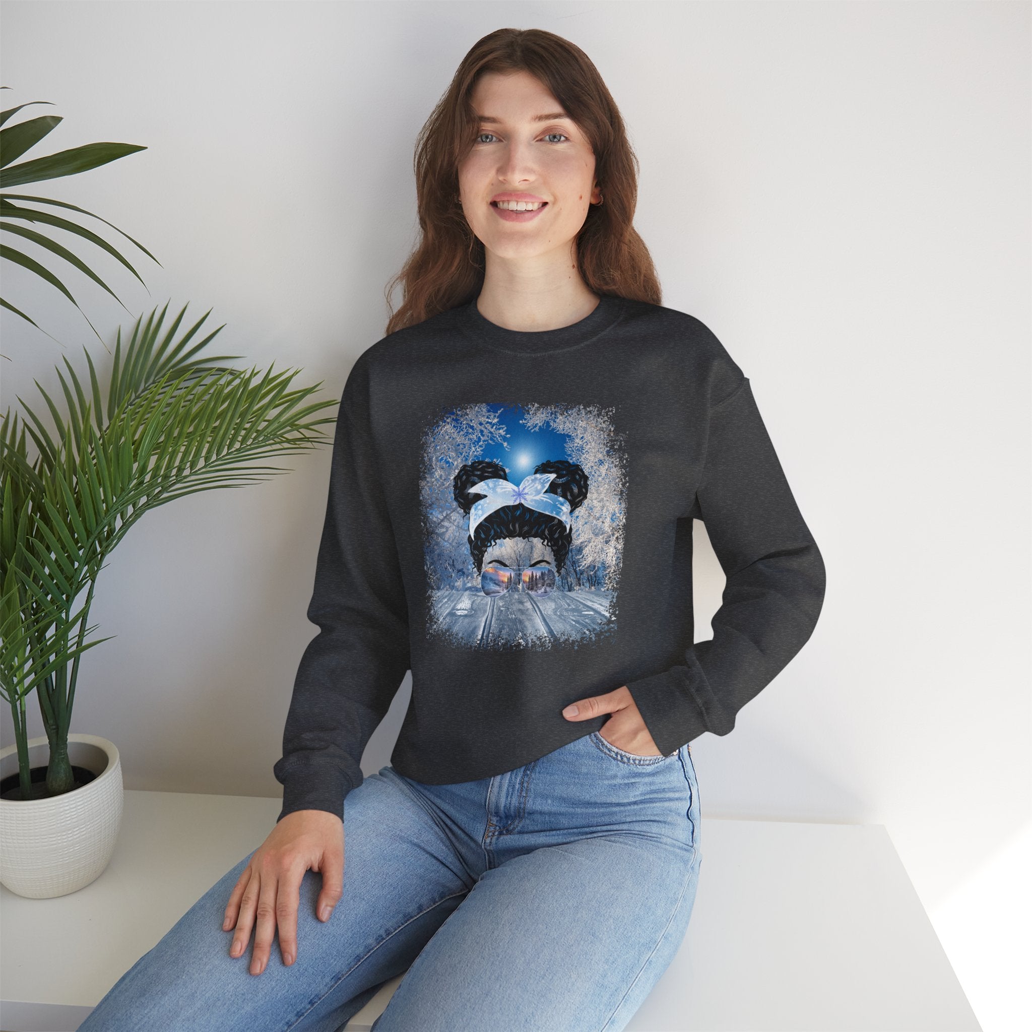 Winter Porch, Black Hair Messy Bun, Unisex Heavy Blend™ Crewneck Sweatshirt