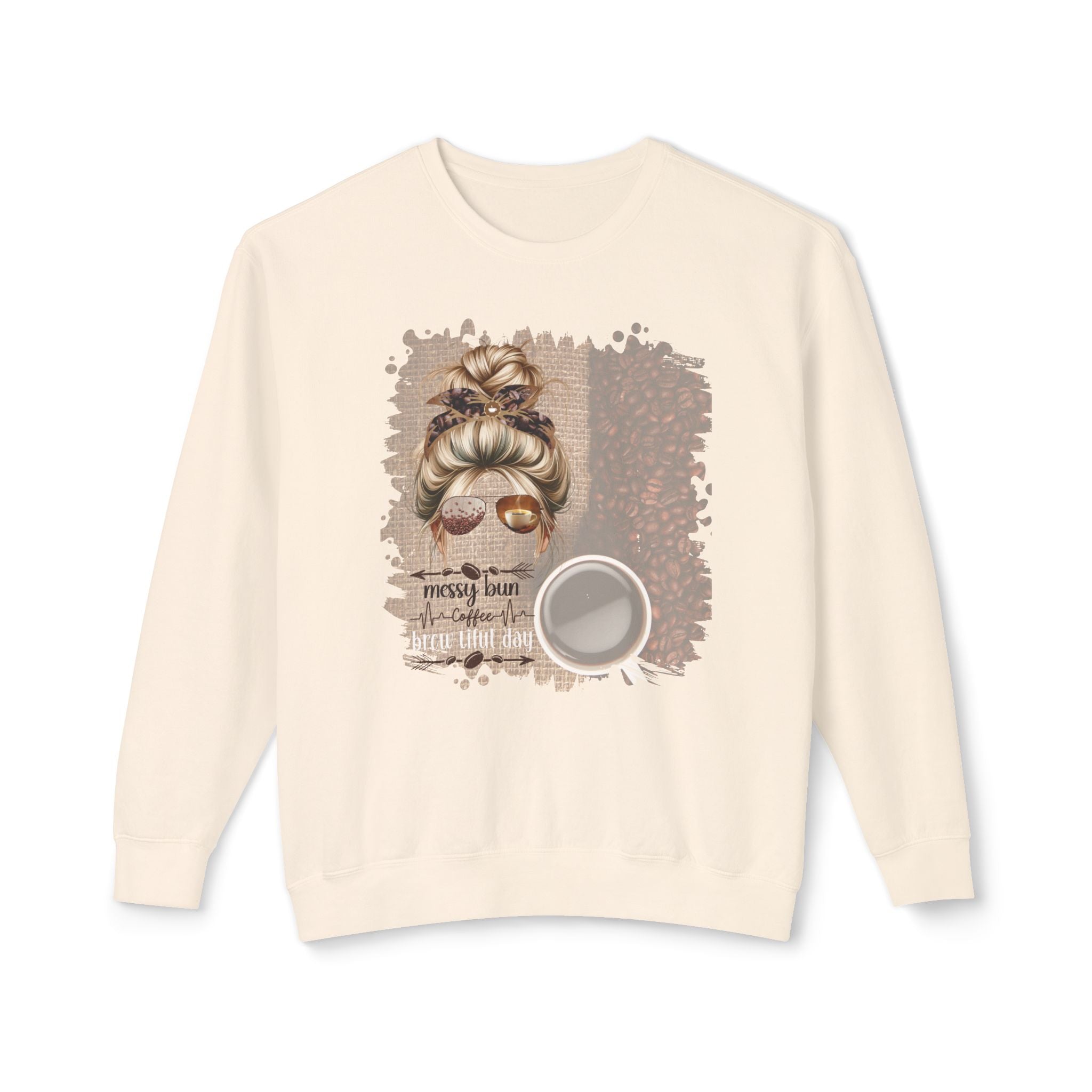 Coffee Heartbeat, Coffee Beans Bag, Blond Hair Messy Bun, Unisex Lightweight Crewneck Sweatshirt