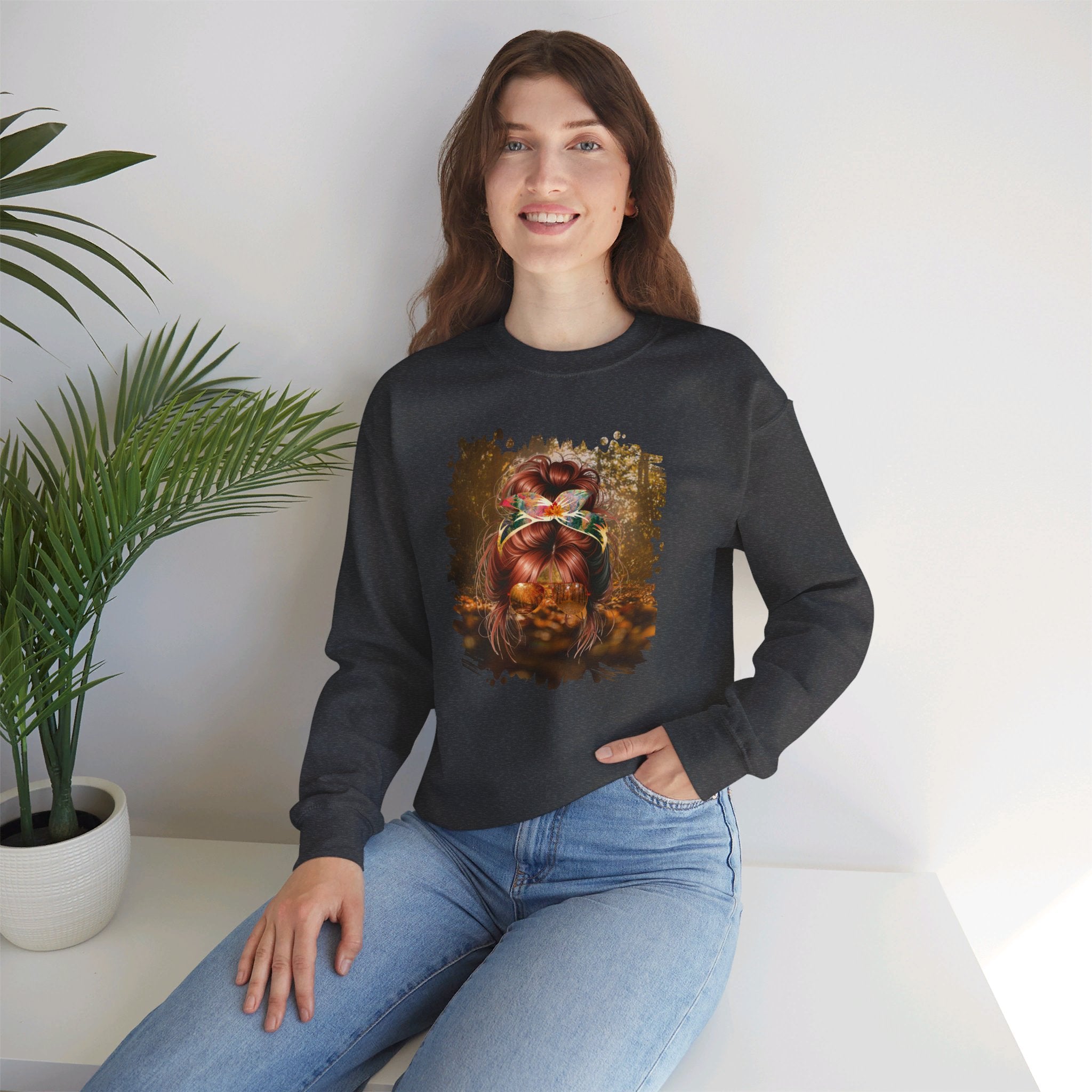 Fall Forest, Red Hair Messy Bun, Unisex Heavy Blend™ Crewneck Sweatshirt