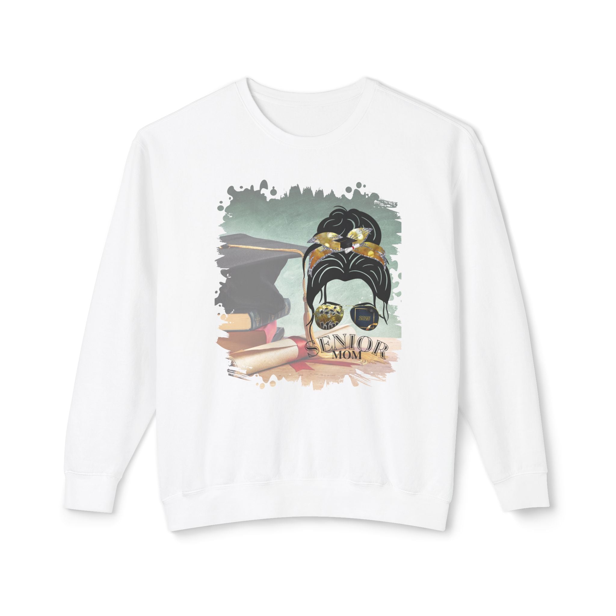 Senior Mom, Cap & Degree/Diploma, Dark Hair Messy Bun, Unisex Lightweight Crewneck Sweatshirt