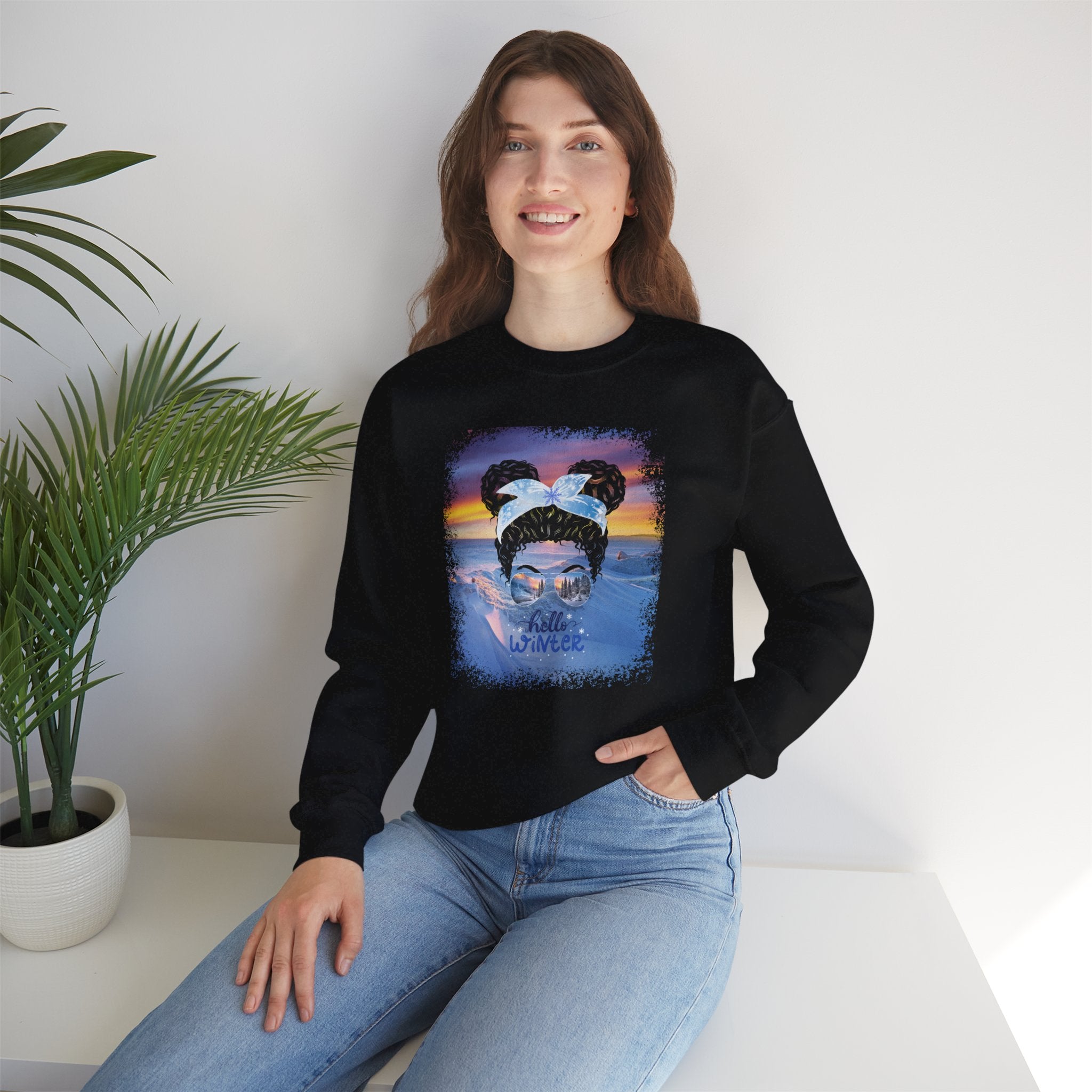 Hello Winter, Winter Mountain, Black Hair Messy Bun, Unisex Heavy Blend™ Crewneck Sweatshirt