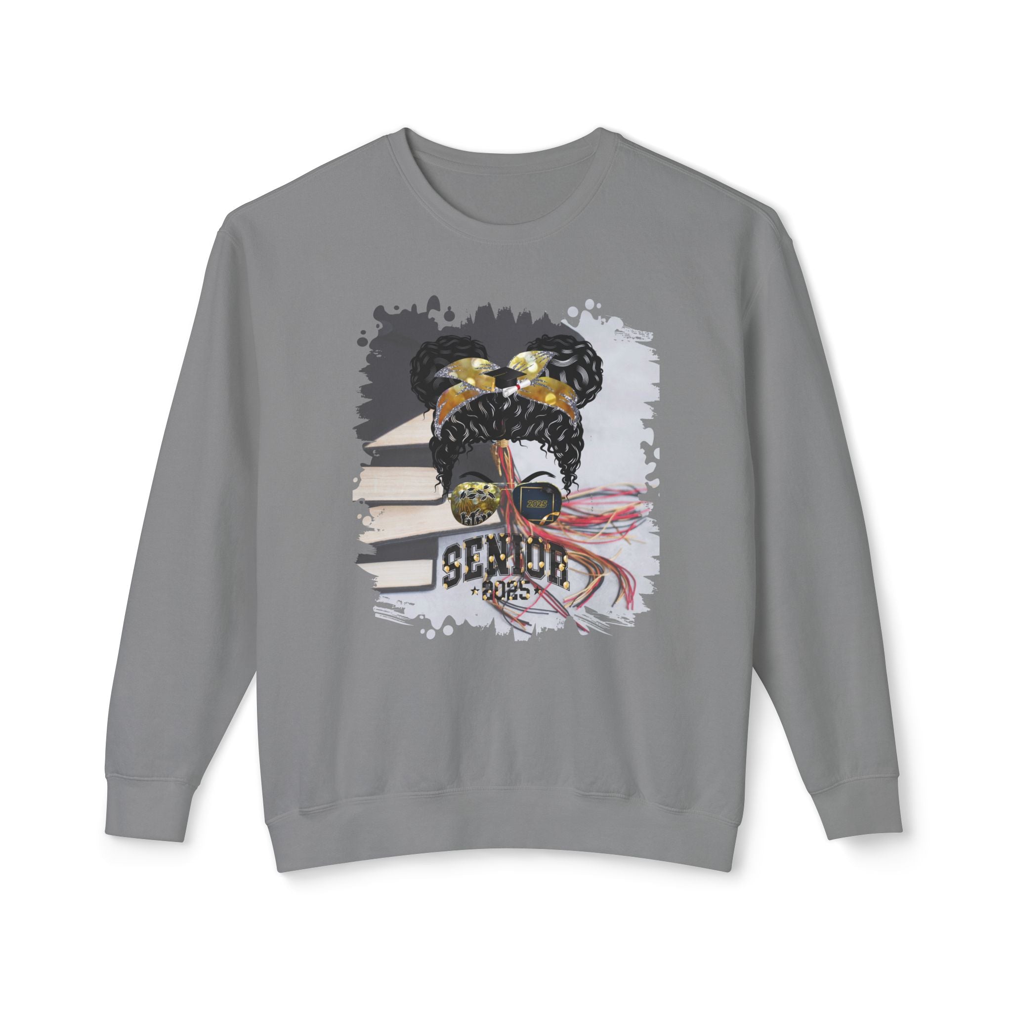 Senior 2025 Balloons, Cap & Books, Black Hair Messy Bun, Unisex Lightweight Crewneck Sweatshirt