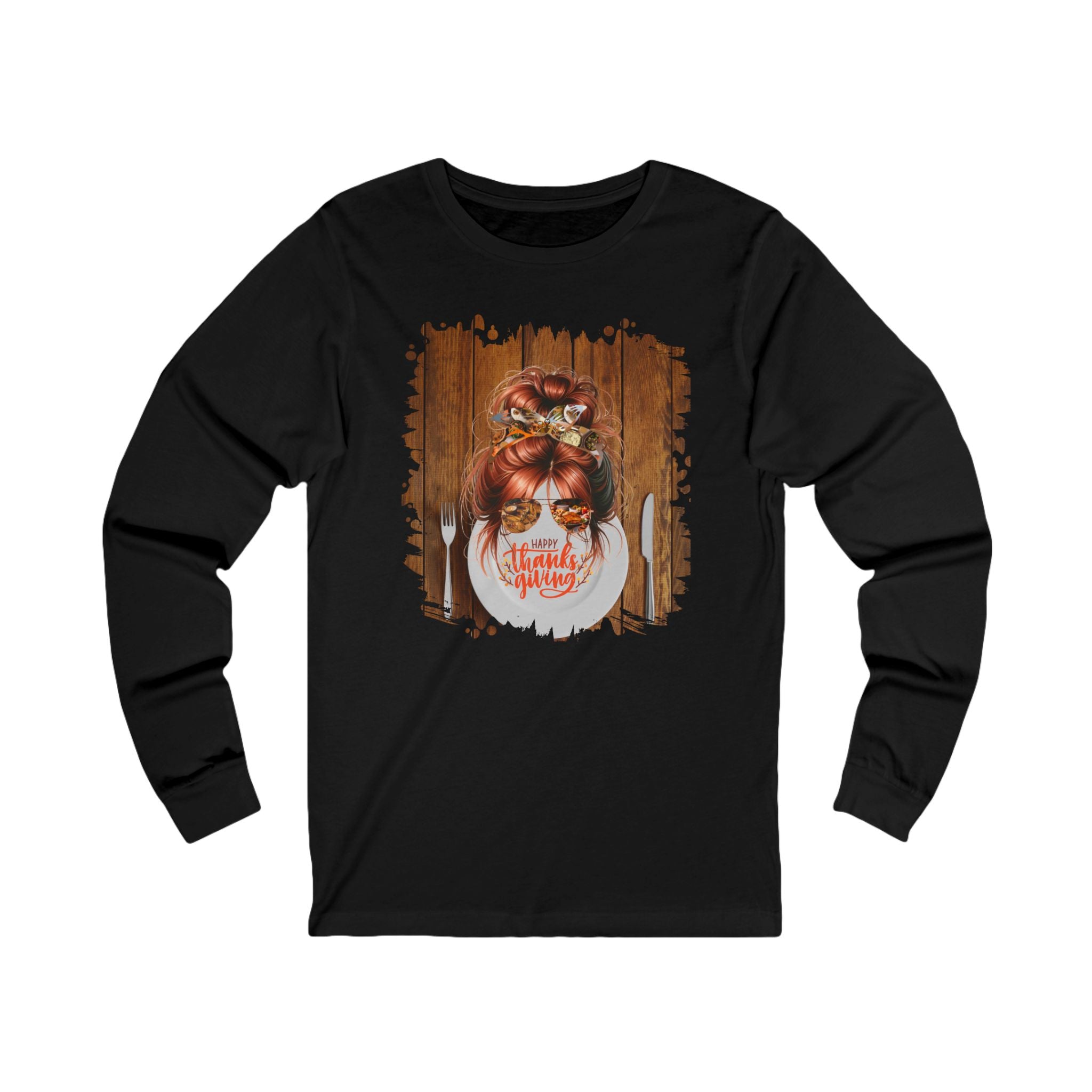 Happy Thanksgiving Plate Setting, Red Hair Messy Bun, Unisex Jersey Long Sleeve Tee