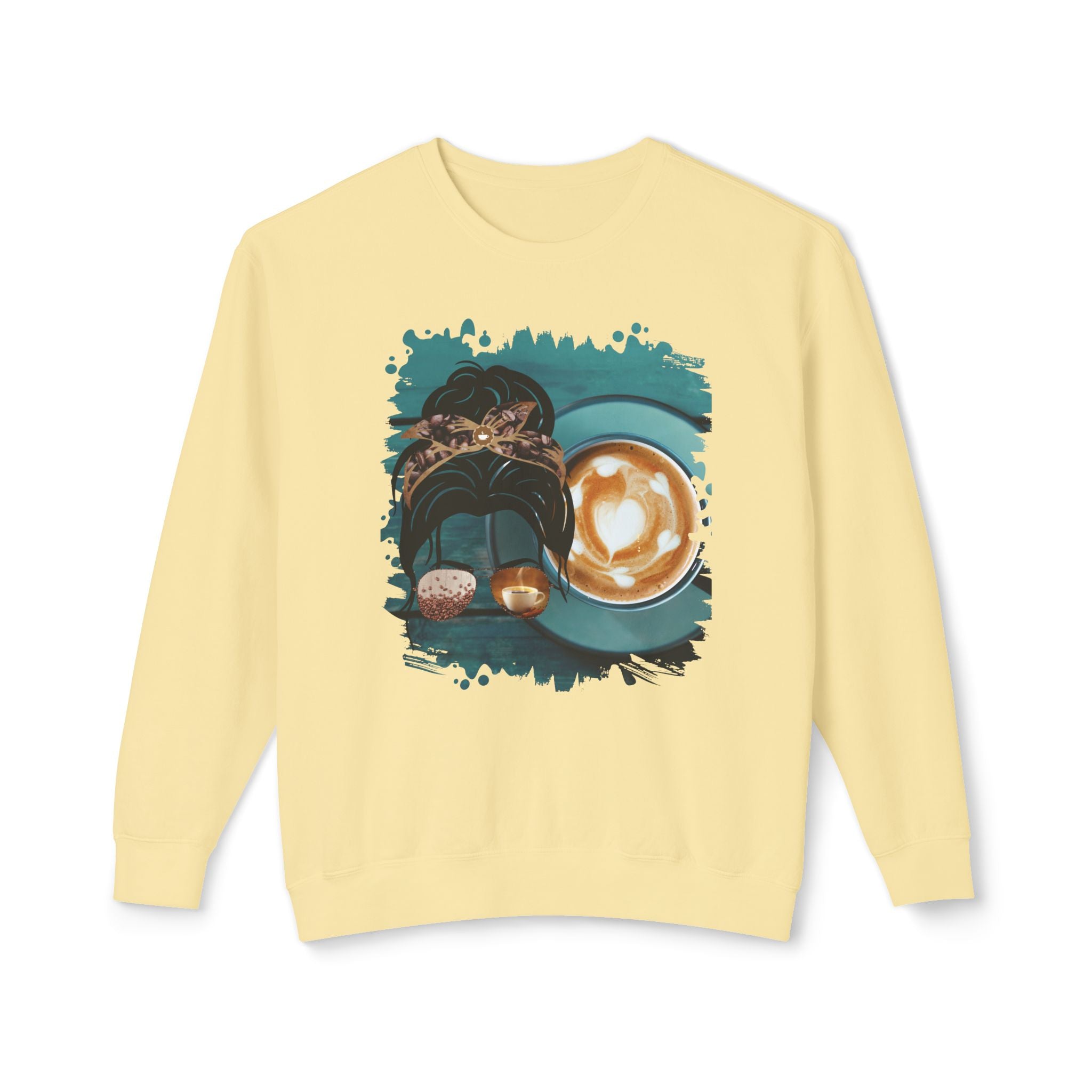 Coffee Cup, Dark Hair Messy Bun, Unisex Lightweight Crewneck Sweatshirt