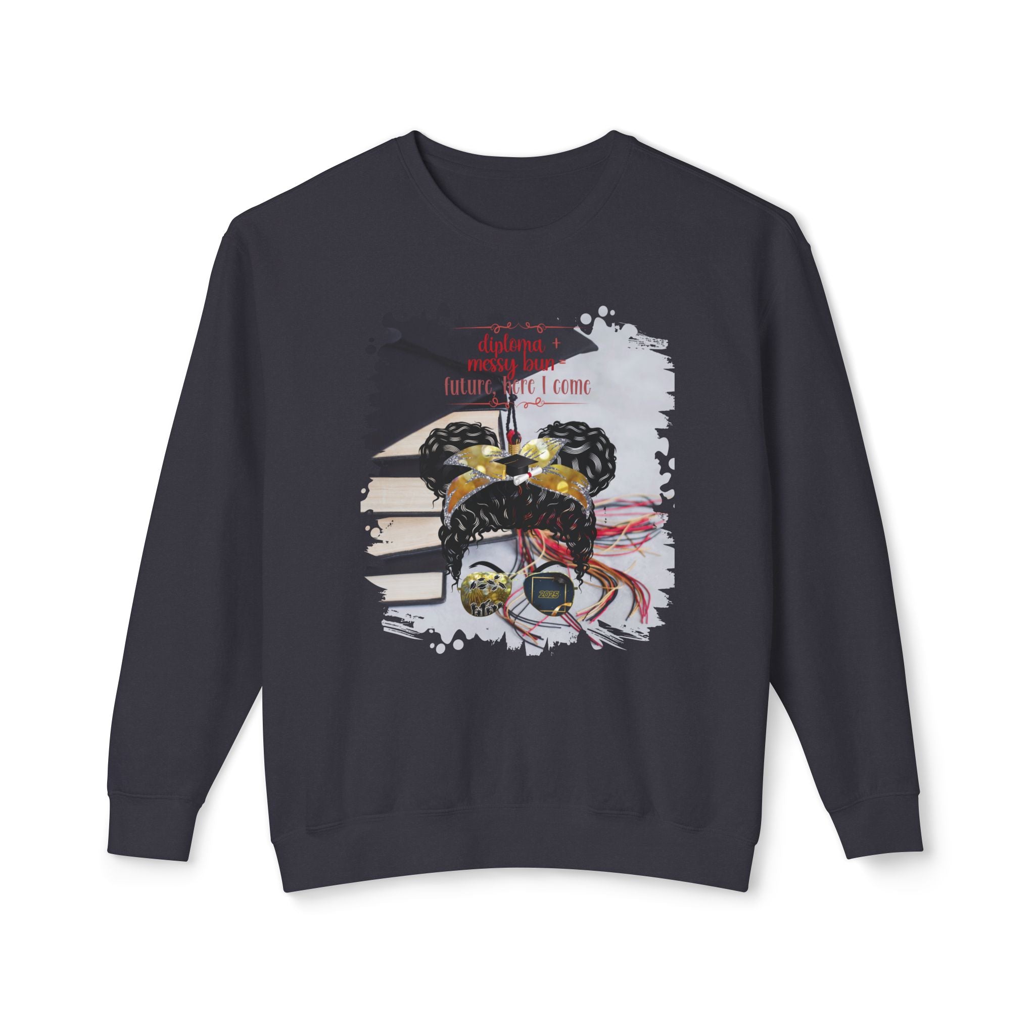 Diploma + Messy Bun, Cap & Books, Black Hair Messy Bun, Unisex Lightweight Crewneck Sweatshirt