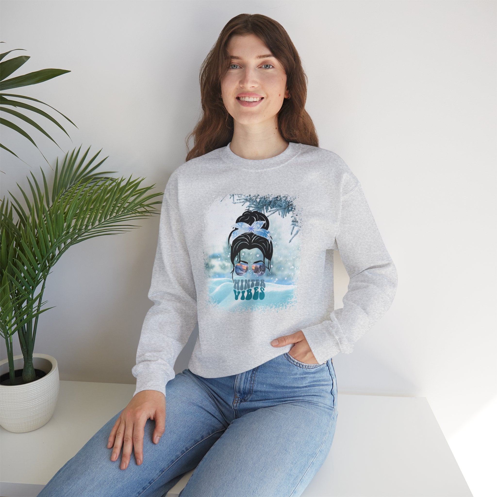 Winter Vibes Snow, Dark Hair Messy Bun, Unisex Heavy Blend™ Crewneck Sweatshirt