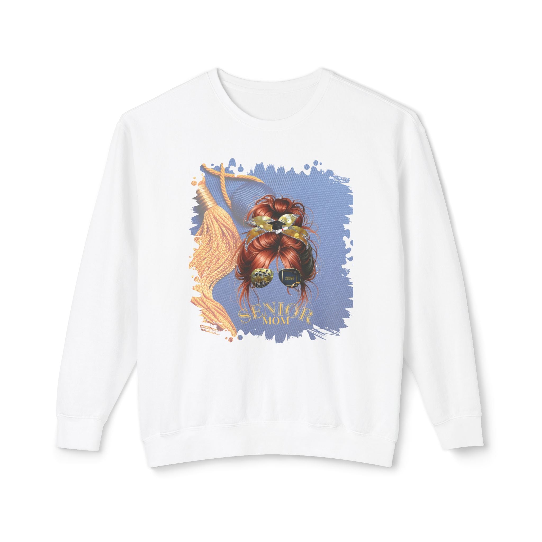Senior Mom, Graduation Cap, Red Hair Messy Bun, Unisex Lightweight Crewneck Sweatshirt
