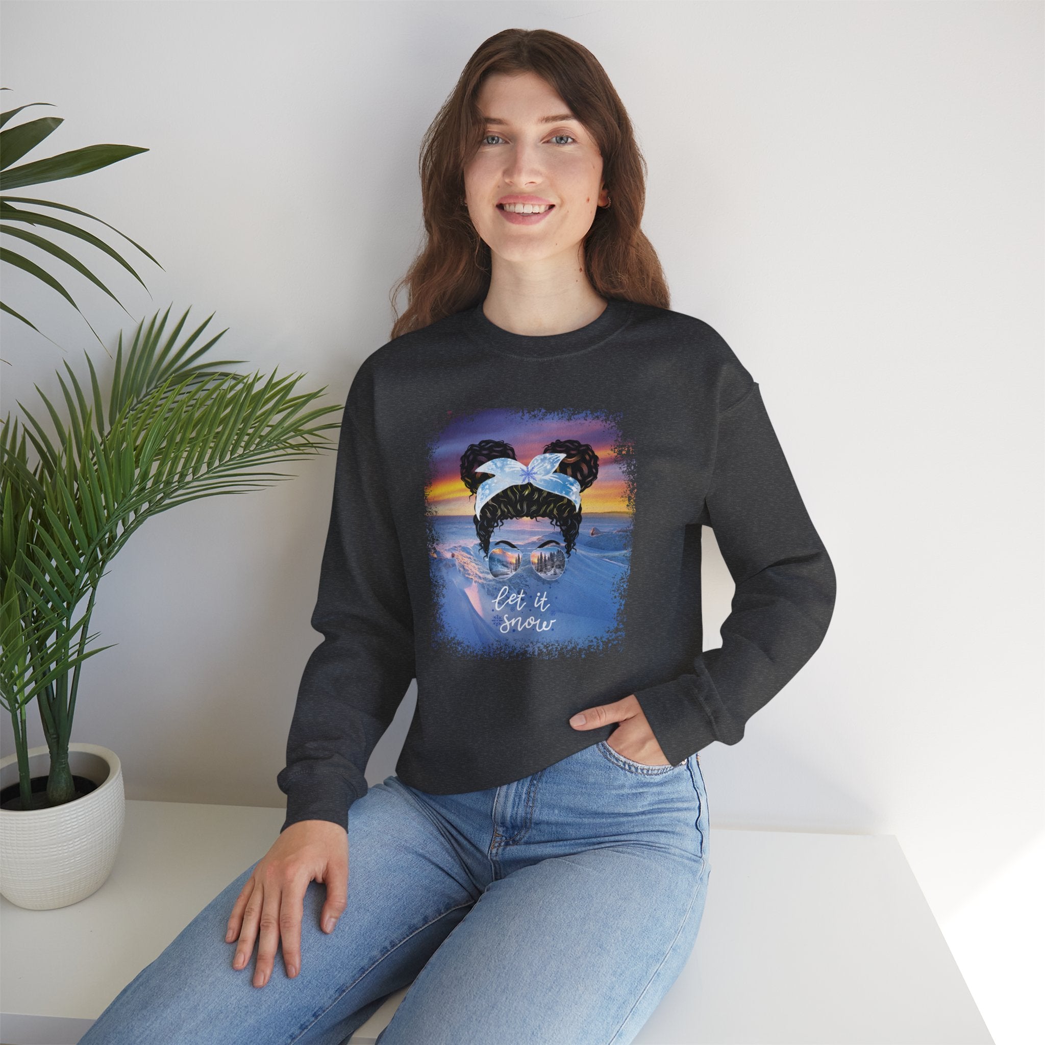 Let it Snow Winter Mountain, Black Hair Messy Bun, Unisex Heavy Blend™ Crewneck Sweatshirt