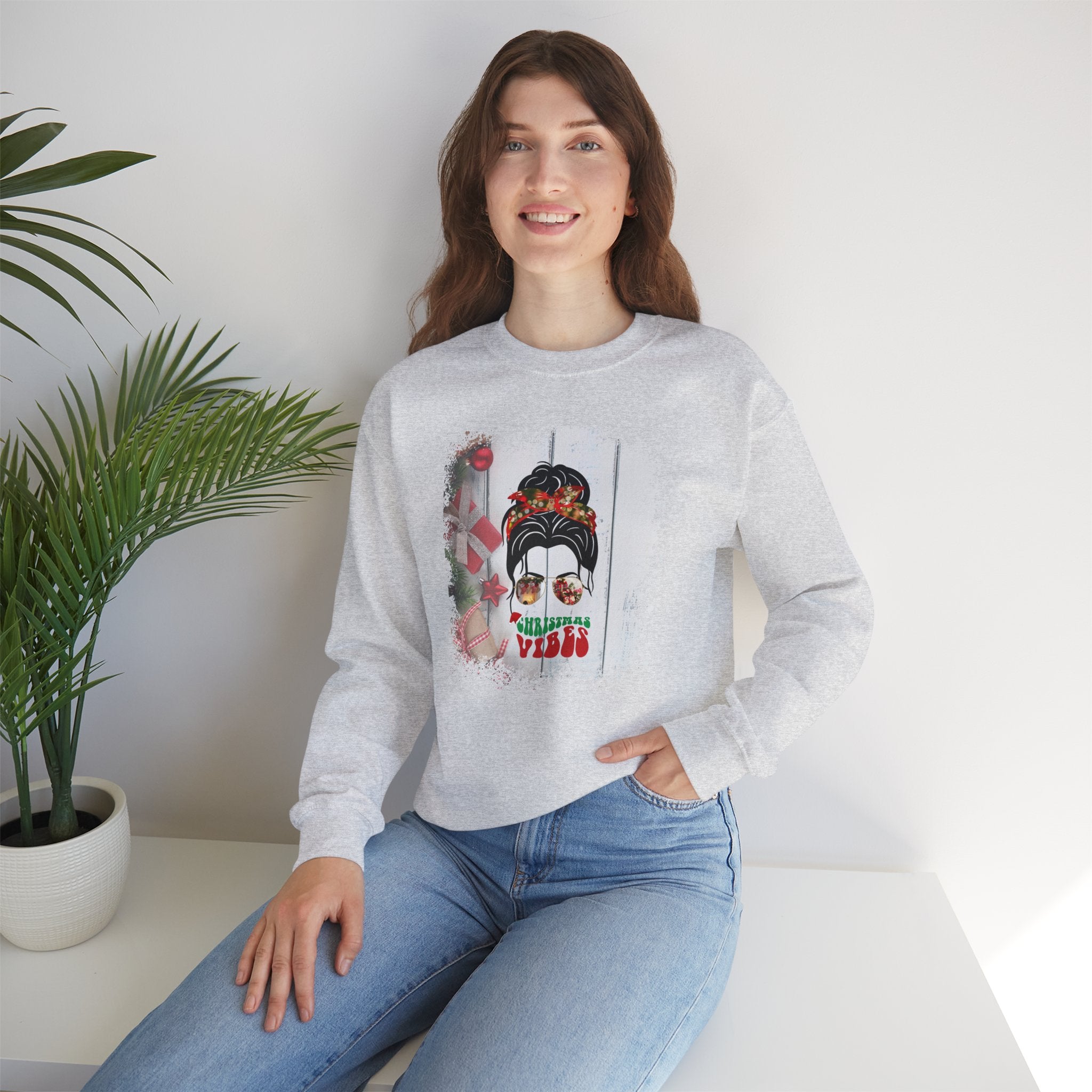 Christmas Vibes Christmas Presents, Dark Hair Messy Bun, Unisex Heavy Blend™ Crewneck Sweatshirt