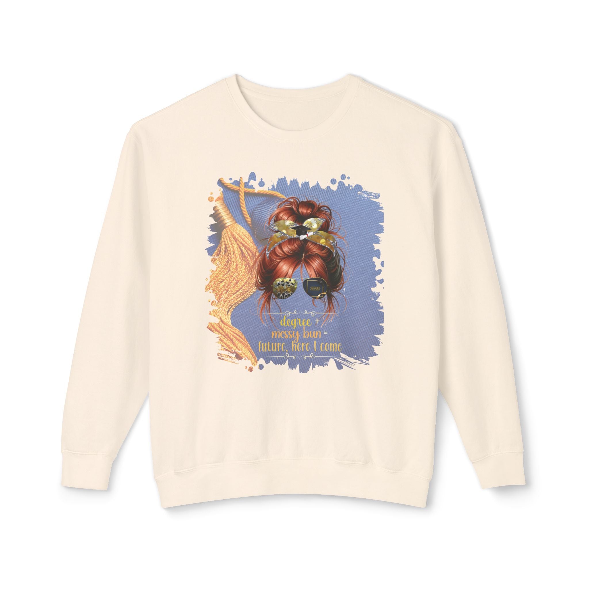 Degree + Messy Bun, Graduation Cap, Red Hair Messy Bun, Unisex Lightweight Crewneck Sweatshirt