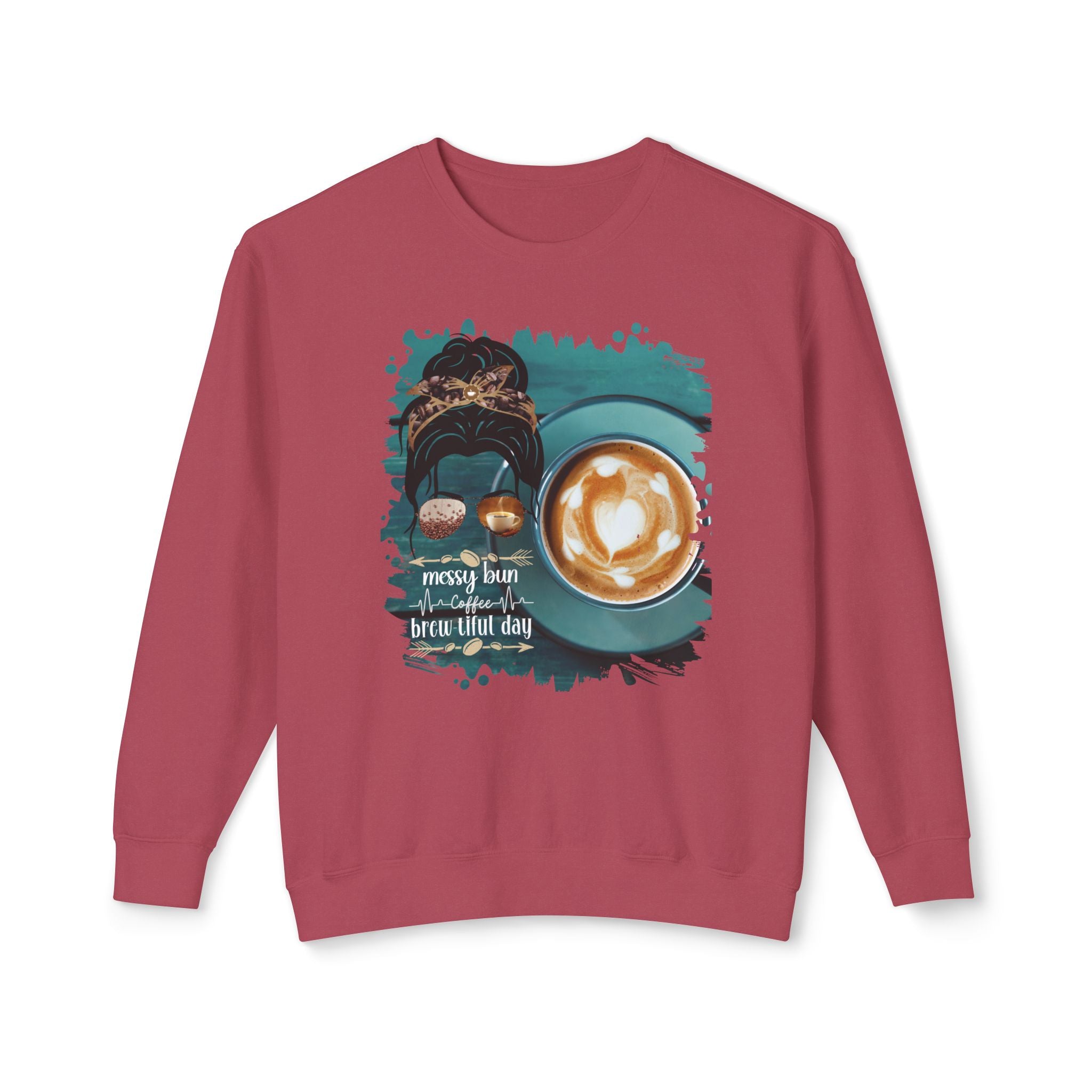 Coffee Heartbeat, Coffee Cup, Dark Hair Messy Bun, Unisex Lightweight Crewneck Sweatshirt