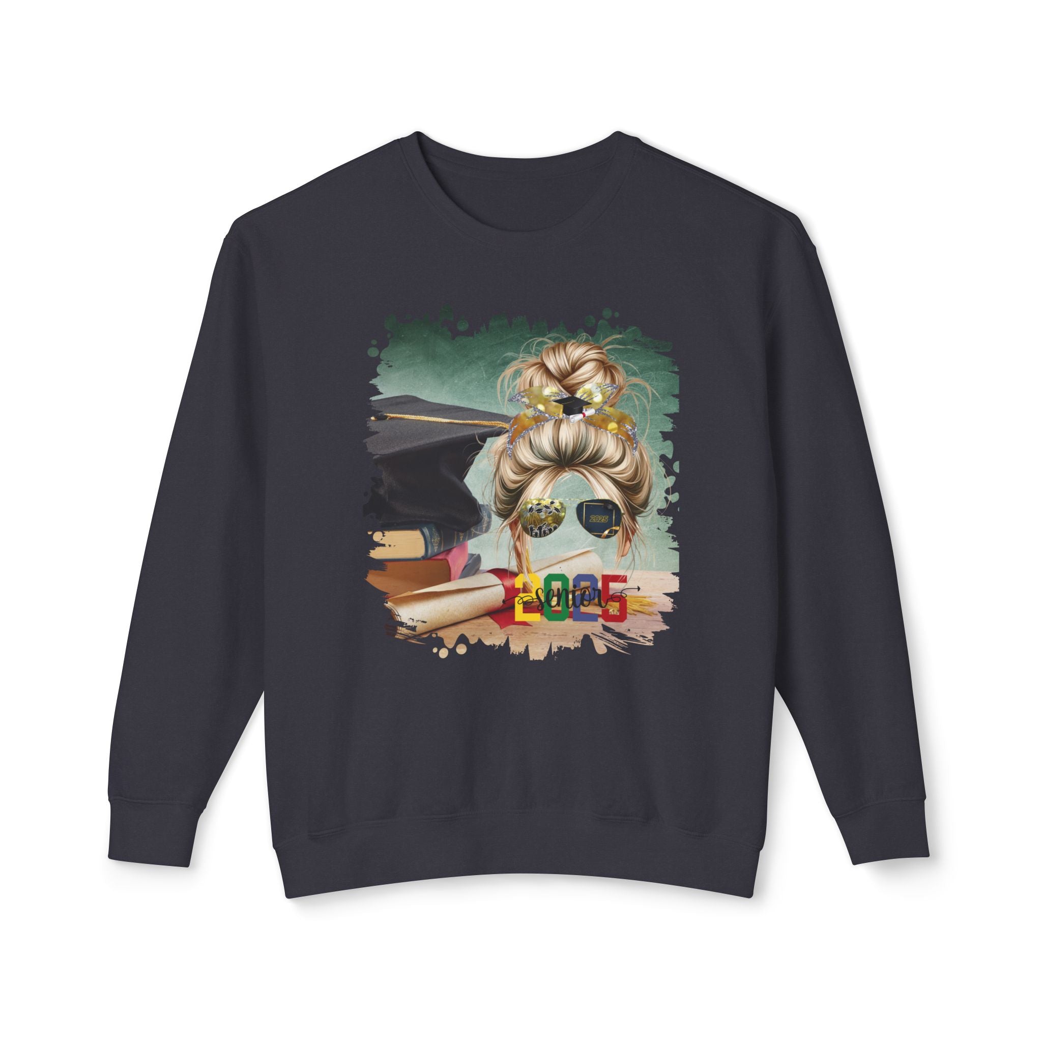 Senior 2025 Colorful, Cap & Degree/Diploma, Blond Hair Messy Bun, Unisex Lightweight Crewneck Sweatshirt