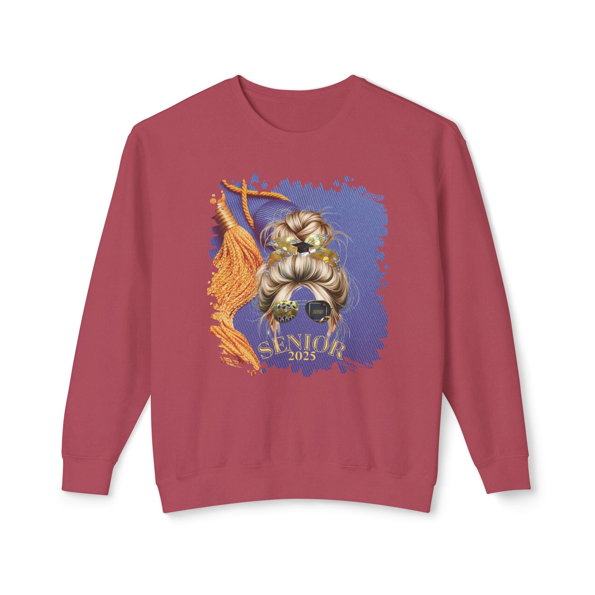 Senior 2025, Graduation Cap, Blond Hair Messy Bun, Unisex Lightweight Crewneck Sweatshirt