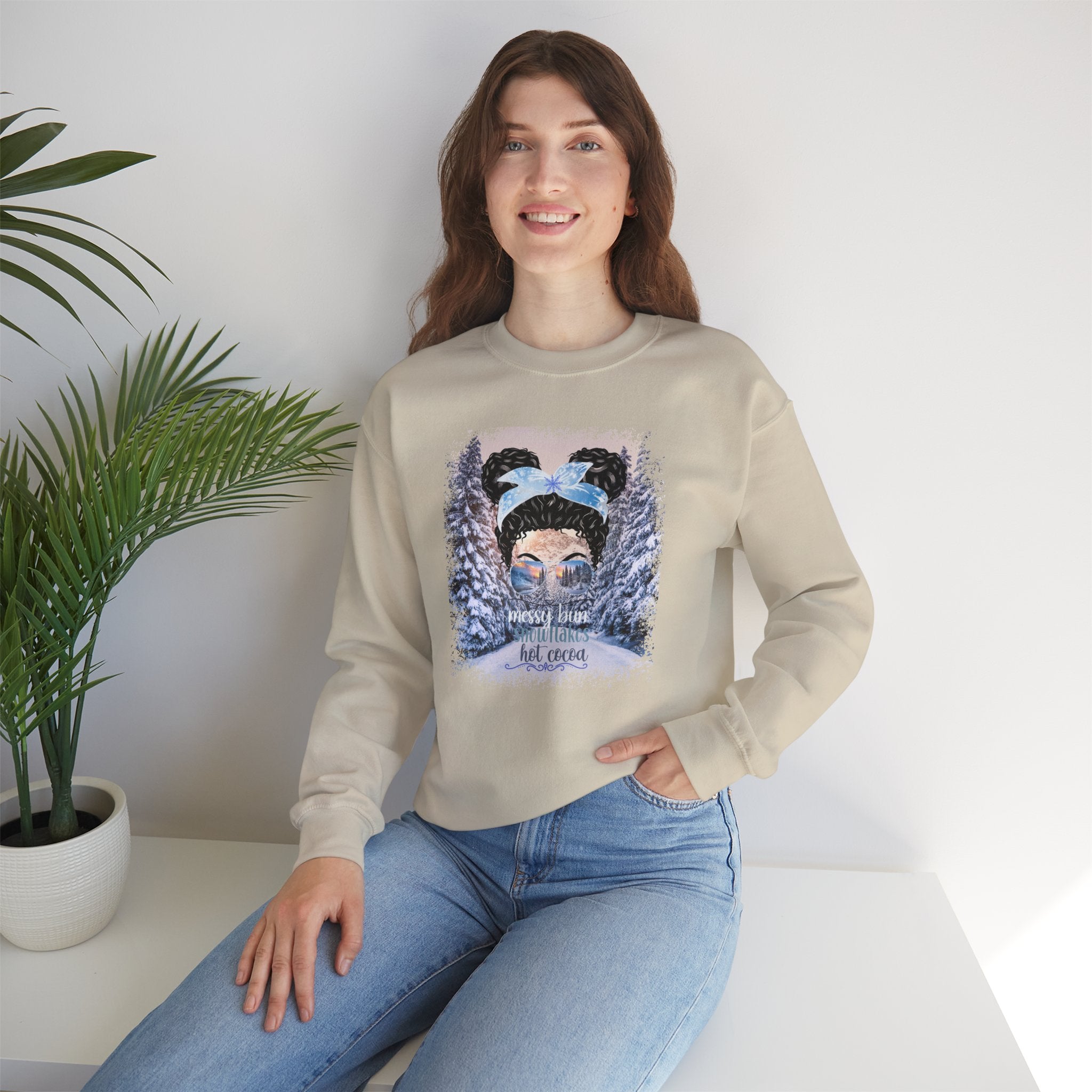 Messy Bun Winter Trail, Black Hair Messy Bun, Unisex Heavy Blend™ Crewneck Sweatshirt