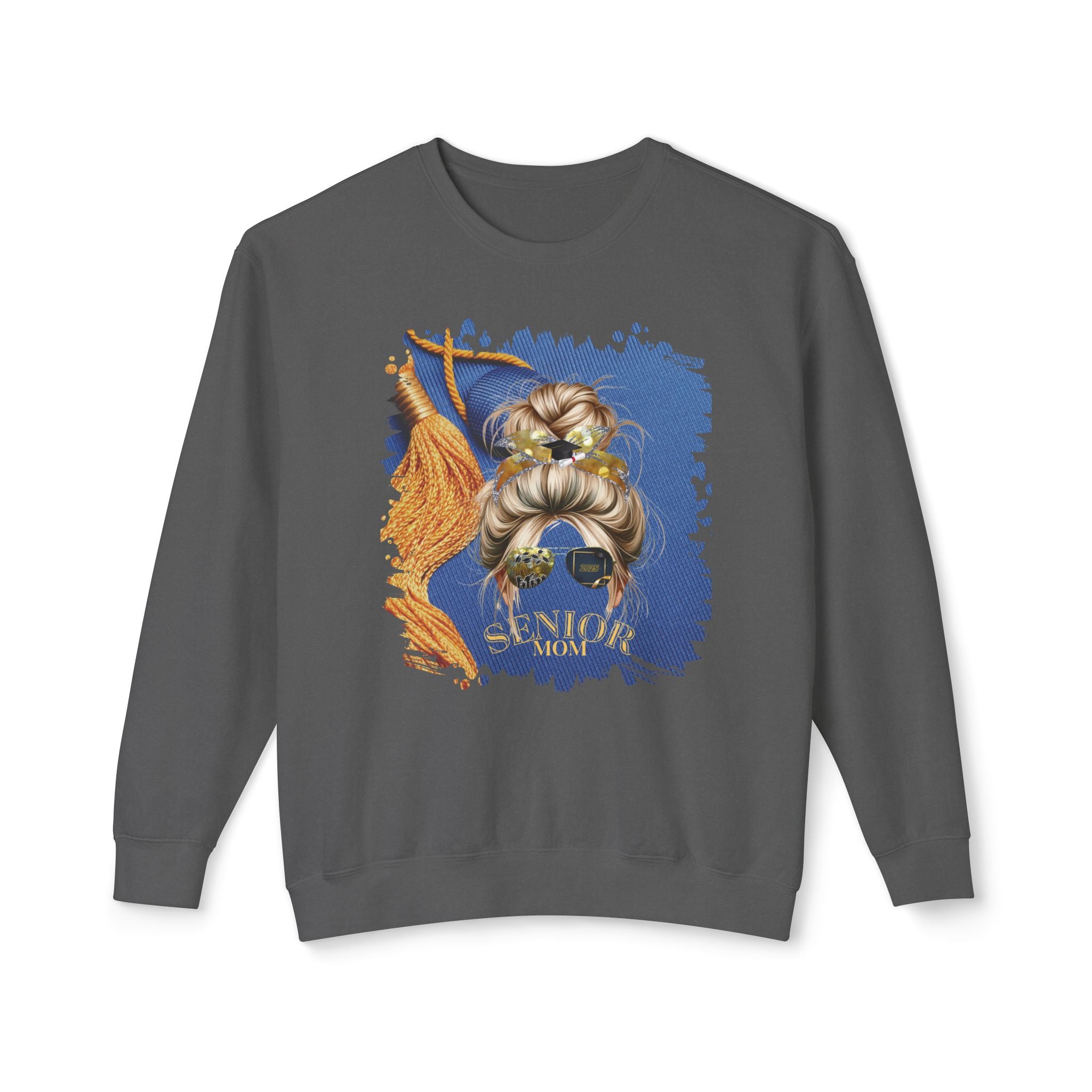 Senior Mom, Graduation Cap, Blond Hair Messy Bun, Unisex Lightweight Crewneck Sweatshirt