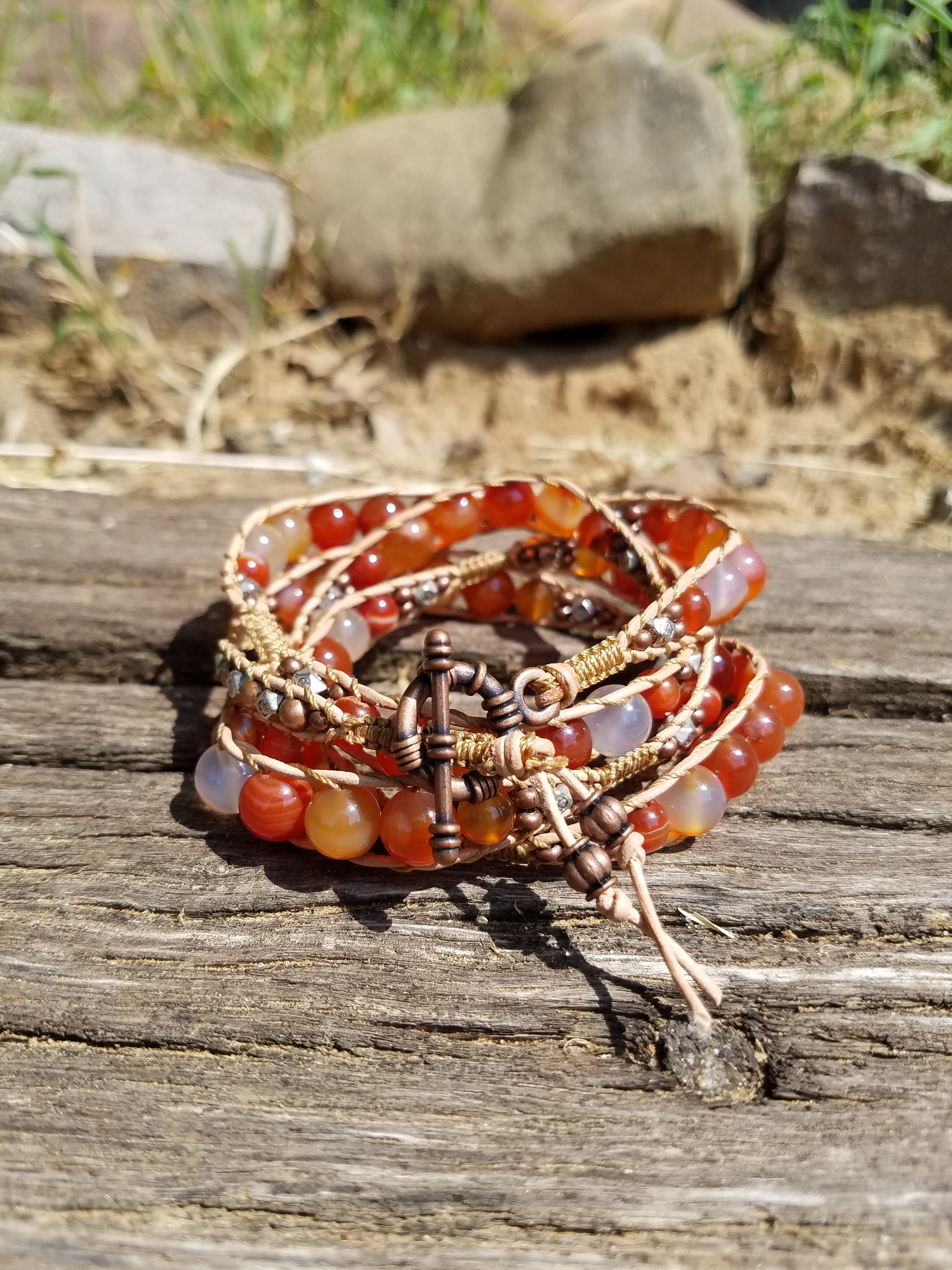 Bracelet Handmade, 4-Wrap Leather Bracelet, Carnelian Beads (G36)