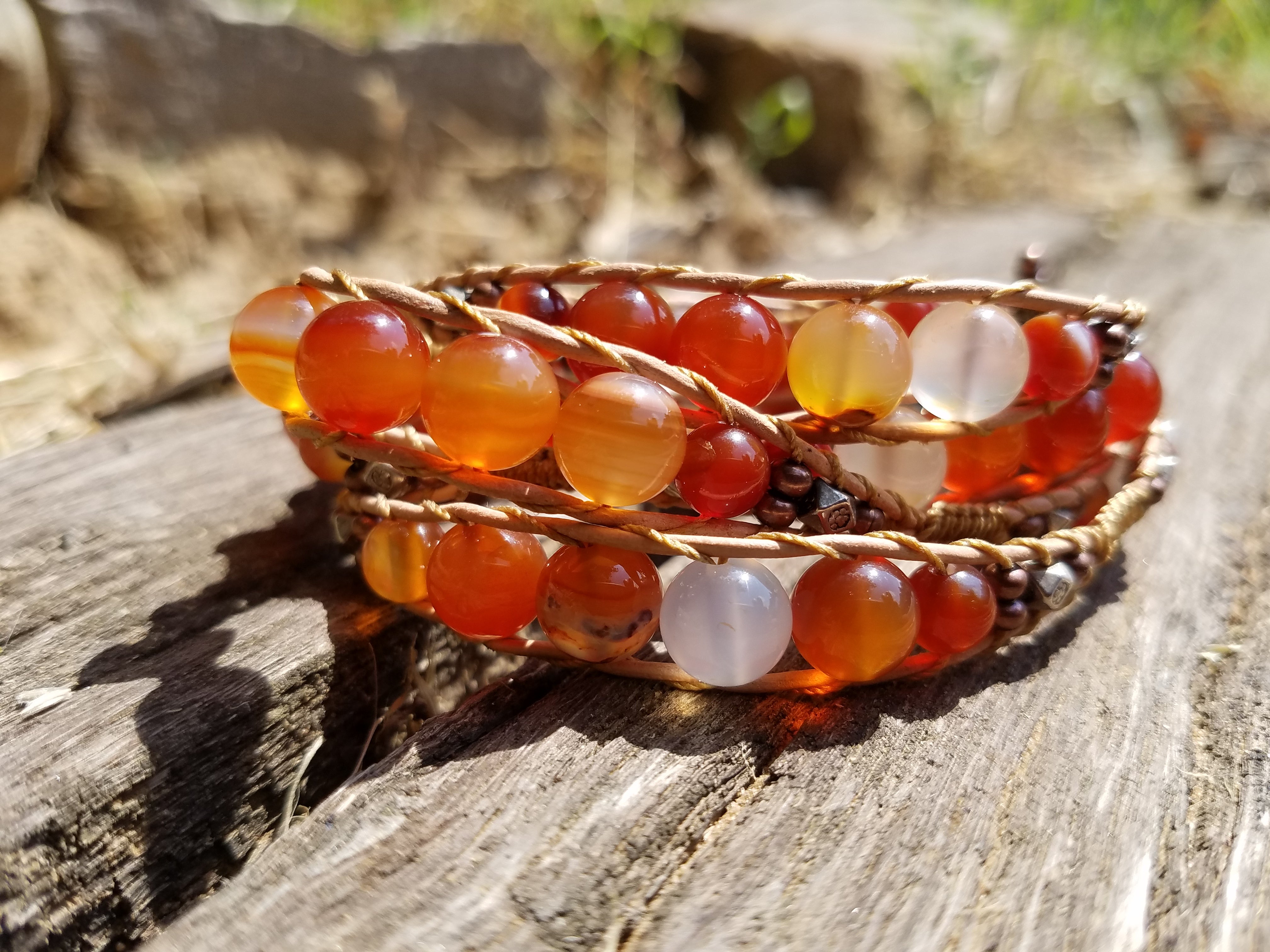 Bracelet Handmade, 4-Wrap Leather Bracelet, Carnelian Beads (G36)