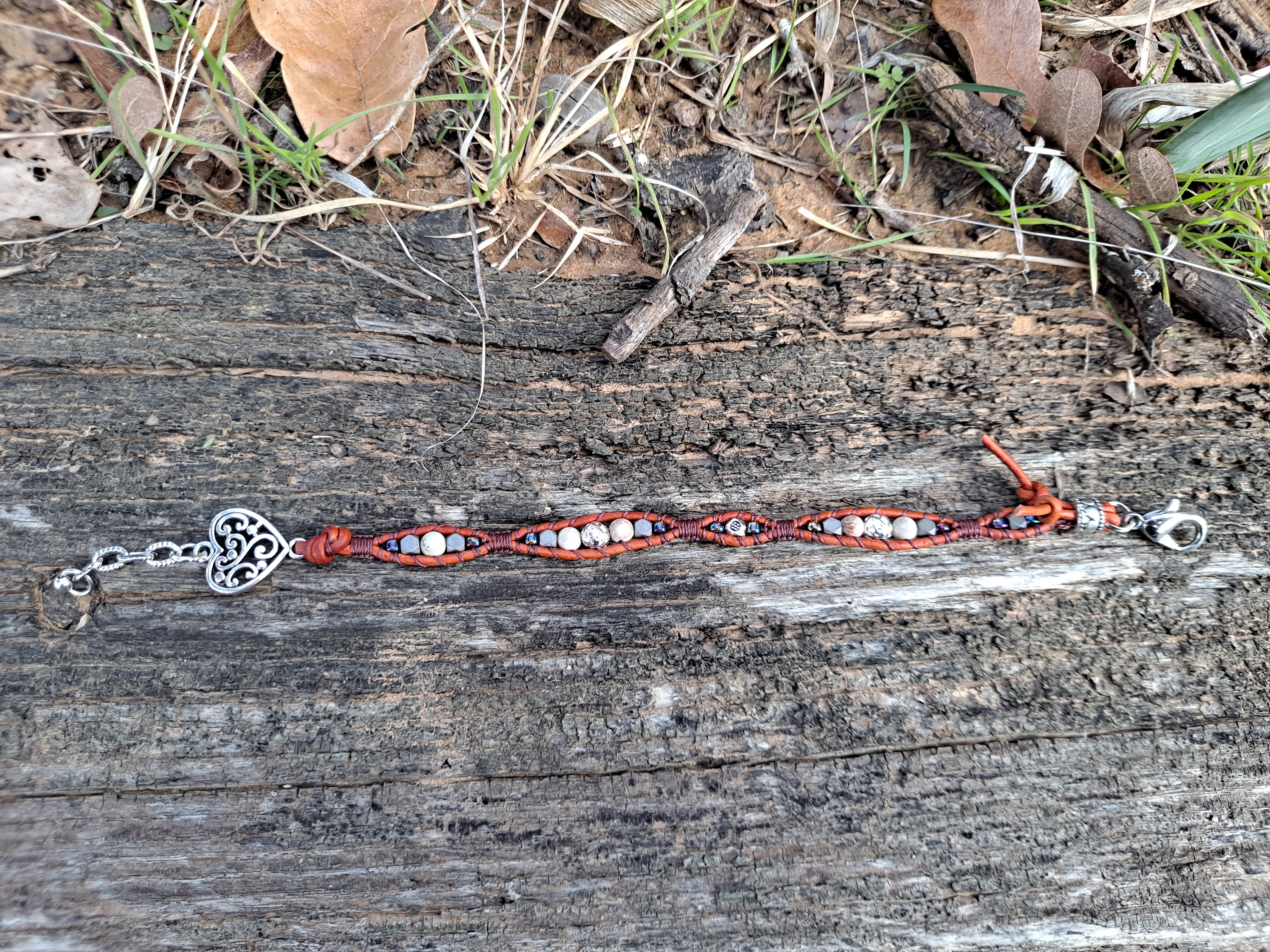 Bracelet Handmade, Single Wrap Leather Bracelet, Jasper Beads (D32)